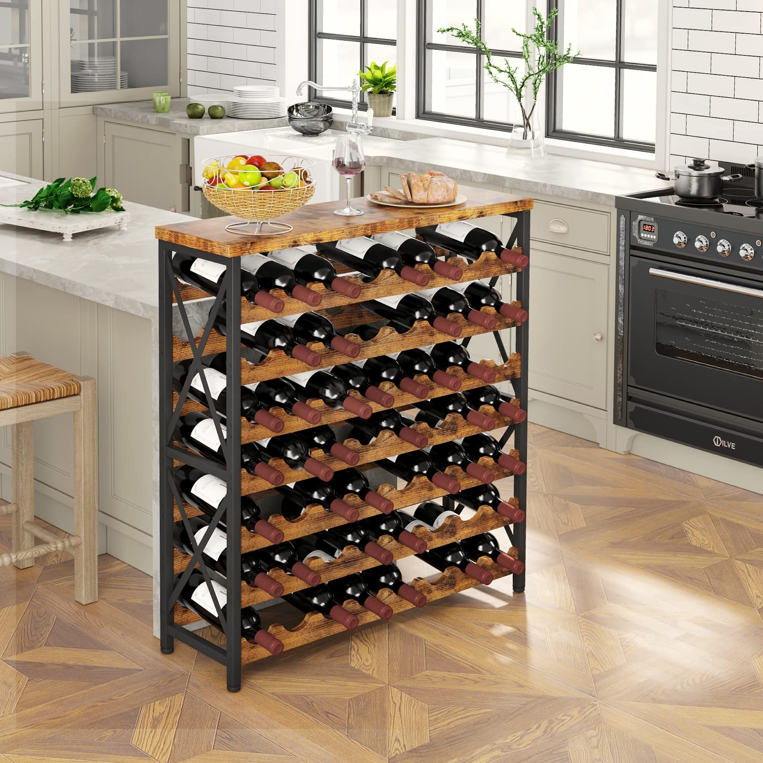 56-Bottle Freestanding Wood & Metal Wine Rack