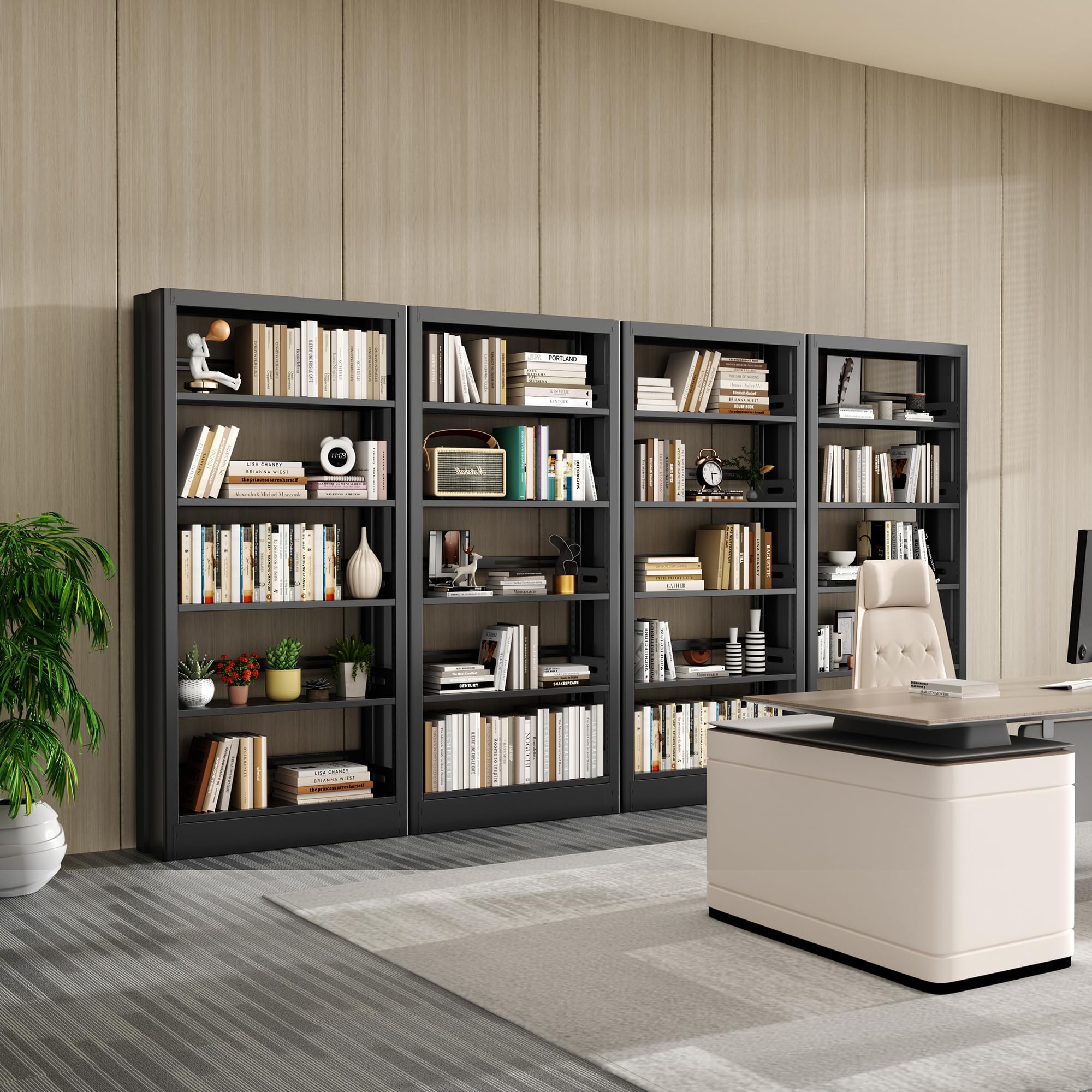 Jazipic 5-Tier Bookcase with Adjustable Storage Shelves, Heavy Duty Bookcase, Metal Bookshelf with Book Stopper, Black Bookcase Shelf for Library, Office, Living Room