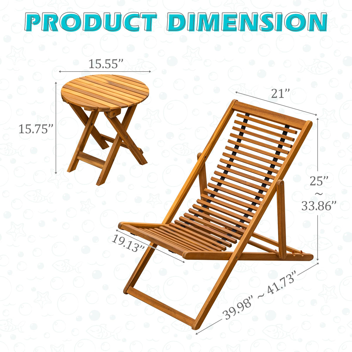 Greesum 3 Piece Patio Folding Recliner Bistro Set Acacia Wood Chairs Outdoor Chaise Lounge for Backyard Garden Pool Deck, Natural