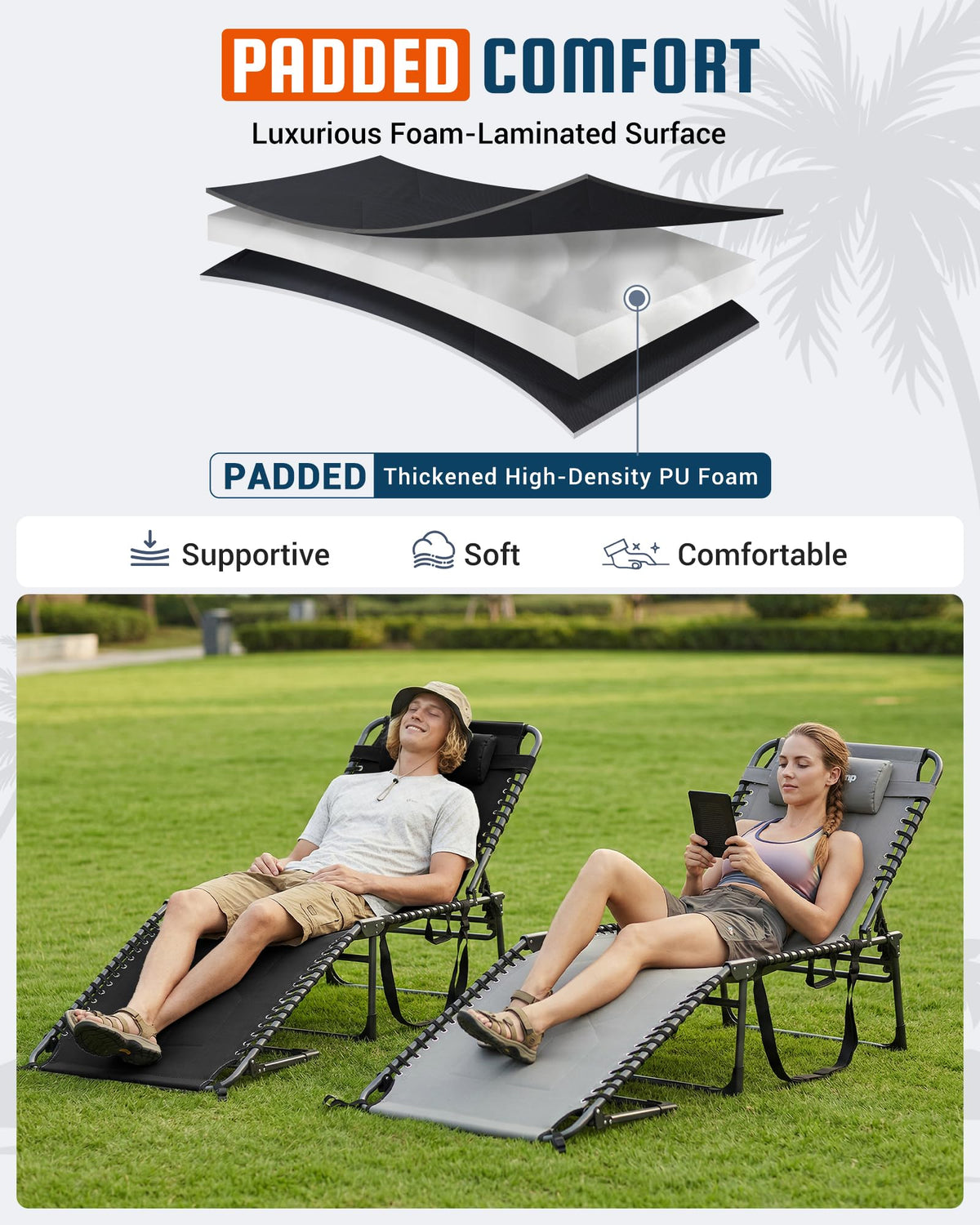 KingCamp Oversized Padded Lounge Chair 440lbs Tanning Chair, Black