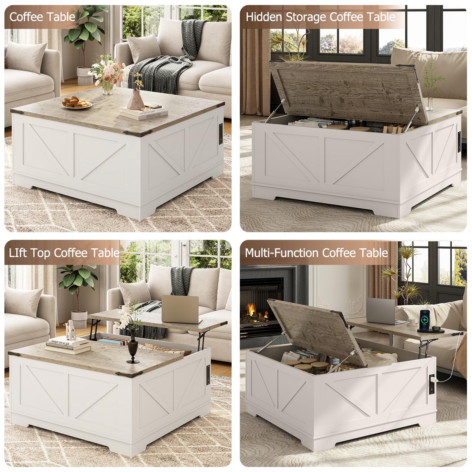 EAG 40" Large Farmhouse Lift Top Coffee Table with Hidden Compartment & Power Outlets, Square Wooden Coffee Table with Multi-Function Flip-Top Ample Storage Center Table for Living Room, White