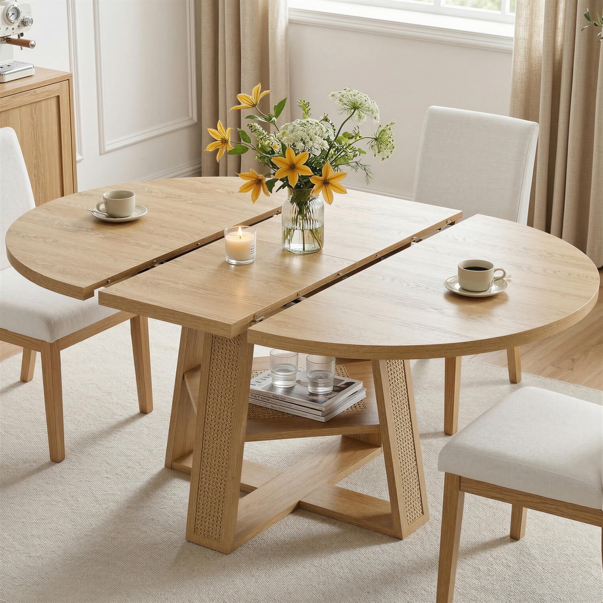 Extendable Round Dining Table with Storage Shelf