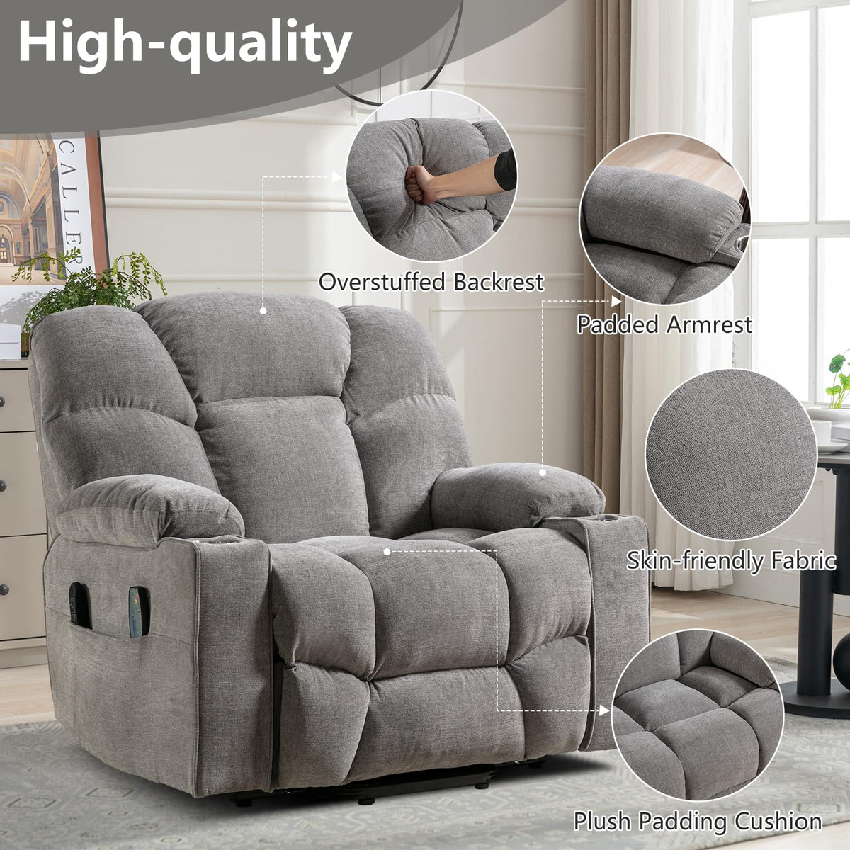 CANMOV Power Lift Recliner Chair for Elderly, Big and Tall Electric Recliner Chair with Massage and Heating, Dual Motor Heavy Duty Lift Recliner with USB Port, Cup Holders, Pockets, Grey