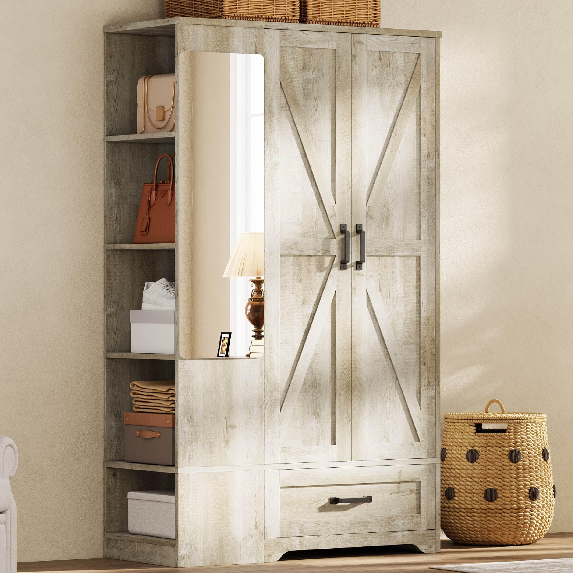 Wardrobe Closet with Mirror, Doors & Shelves