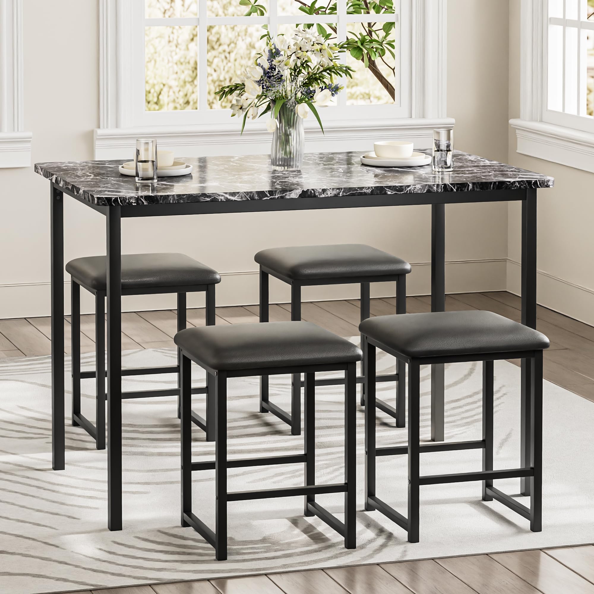 5-Piece Faux Marble Dining Table Set with 4 PU Stools