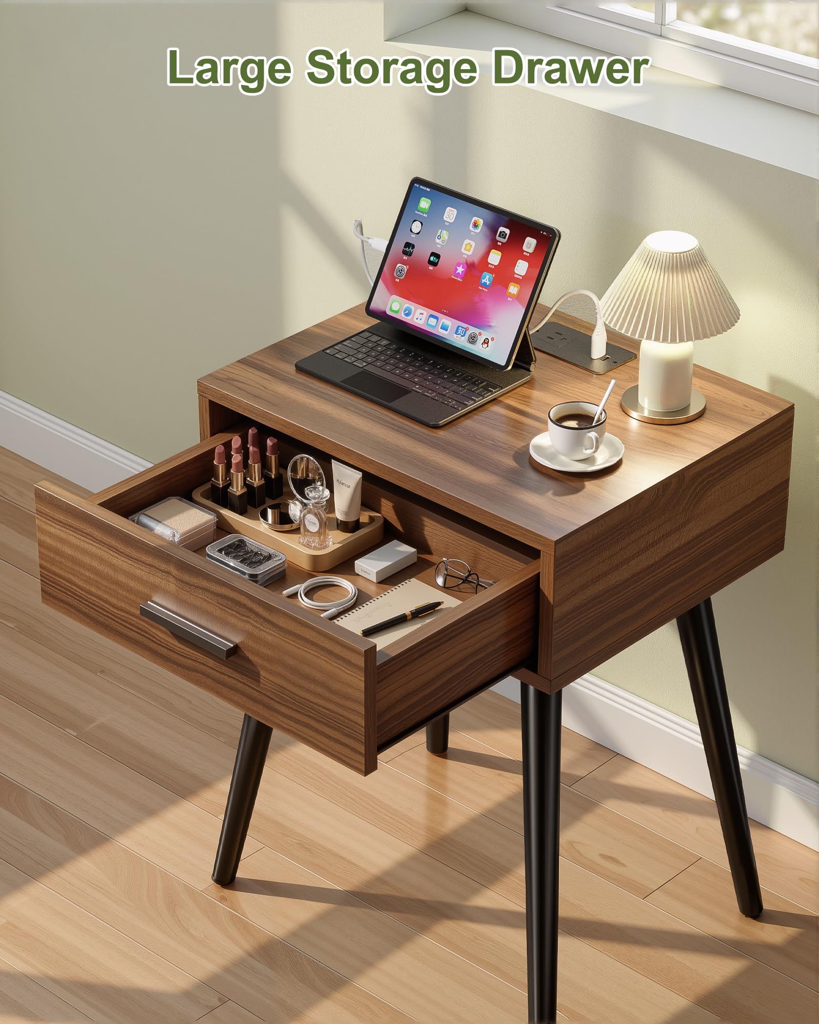 Nightstand Set of 2 with Charging Station & Storage Drawer