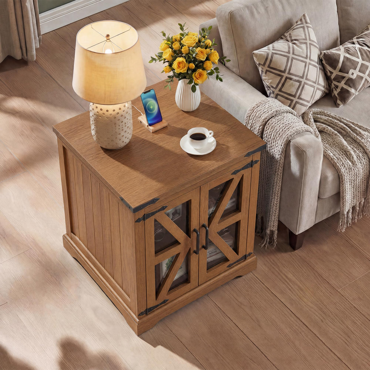 BEROXII Farmhouse End Table, 24" Large End Tables with Storage, Rustic Square Sofa Beside Table with Glass Barn Door, Wood Side Table Square Nightstand for Living Room, Bedroom, Office (Brown)