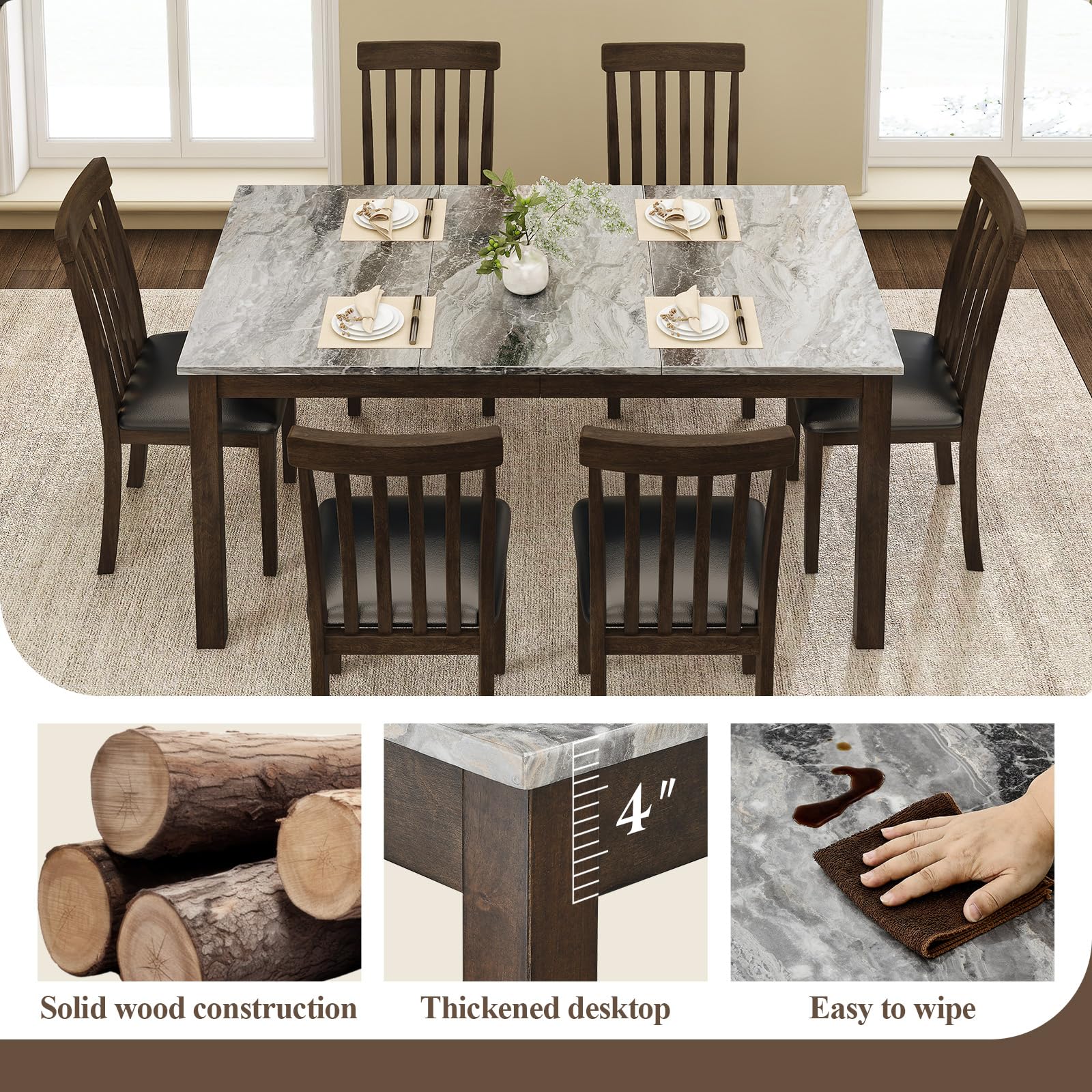 LUXOAK 7-Piece Solid Wood Dining Table Set, 71" Faux Marble Kitchen Table with 6 Chairs, Curved Backrests & PU Cushioned Seats, Perfect for Dining Room & Living Room