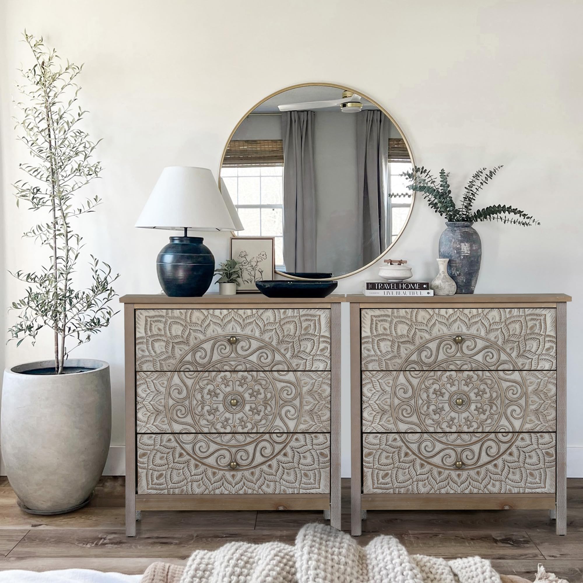 PHI VILLA Accent Cabinet with Drawers - Chest of Drawers Farmhouse Rustic Cabinet with 3 Drawers Entryway Storage Chest