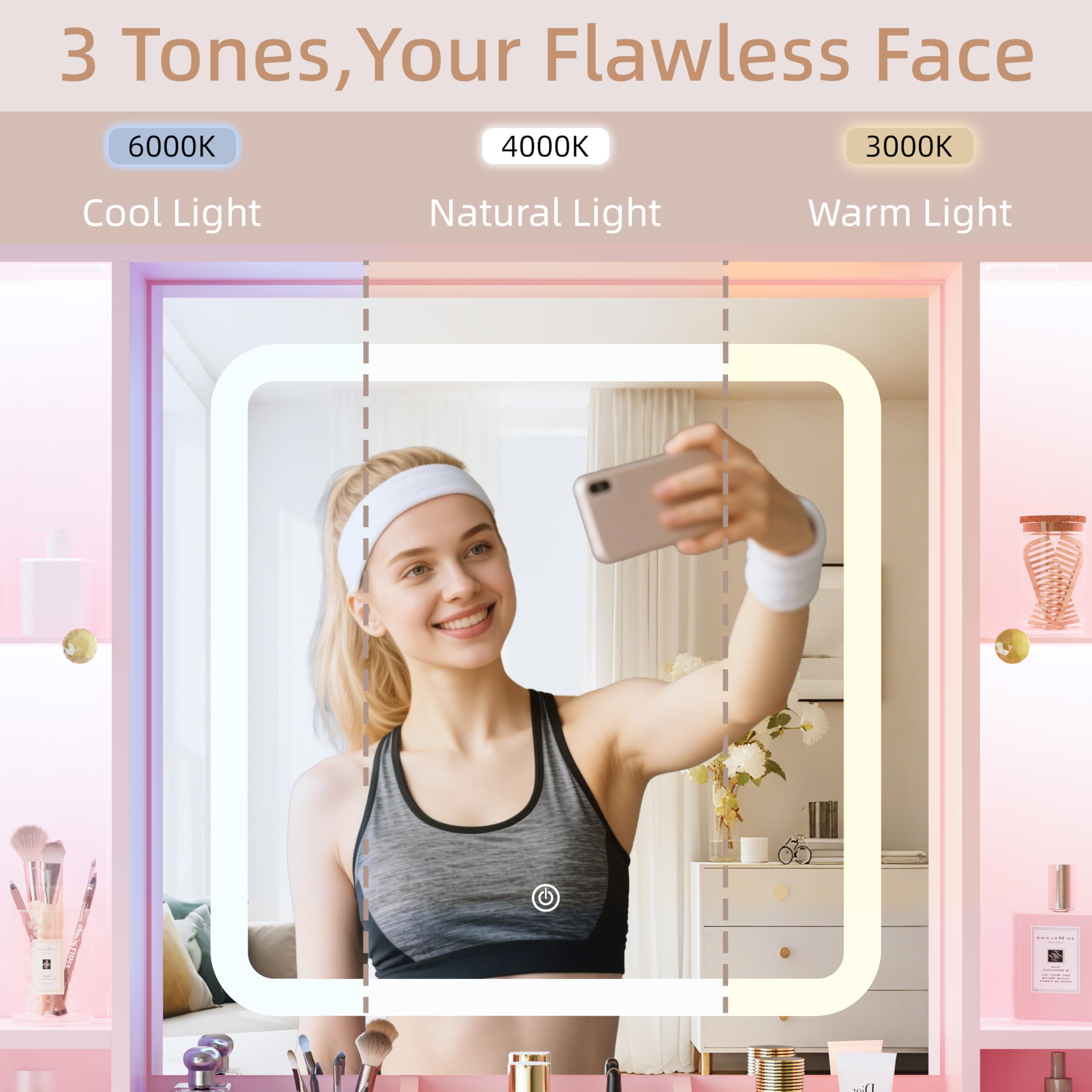 ANYMAPLE Vanity Desk with Mirror & Lights, Makeup Vanity with Power Strip, 7 Drawers & 2 Cabinets, Hair Dryer Holder, RGB Cabinet Lighting, 3-Color Dimmable Mirror