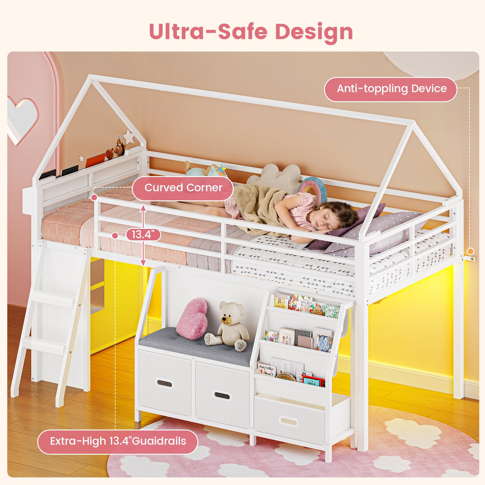ADORNEVE Low Loft Bed Twin Size with Bookshelf, Reading Nook, LED Kids Loft Bed with 3 Drawers, Under-Bed Play Space, House Loft Beds with Safety Guardrail, Inclined Ladde & Play Curtain, White