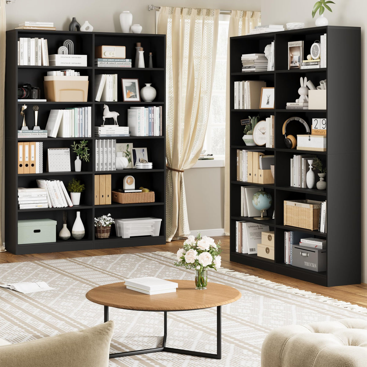 6-Tier Double Wide Black Bookshelf