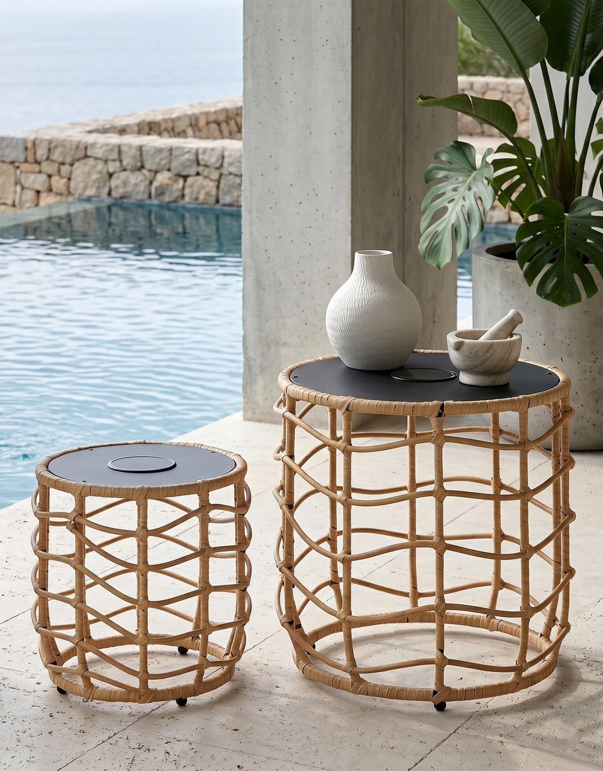 Solar Wicker Nesting Side Tables, Set of 2