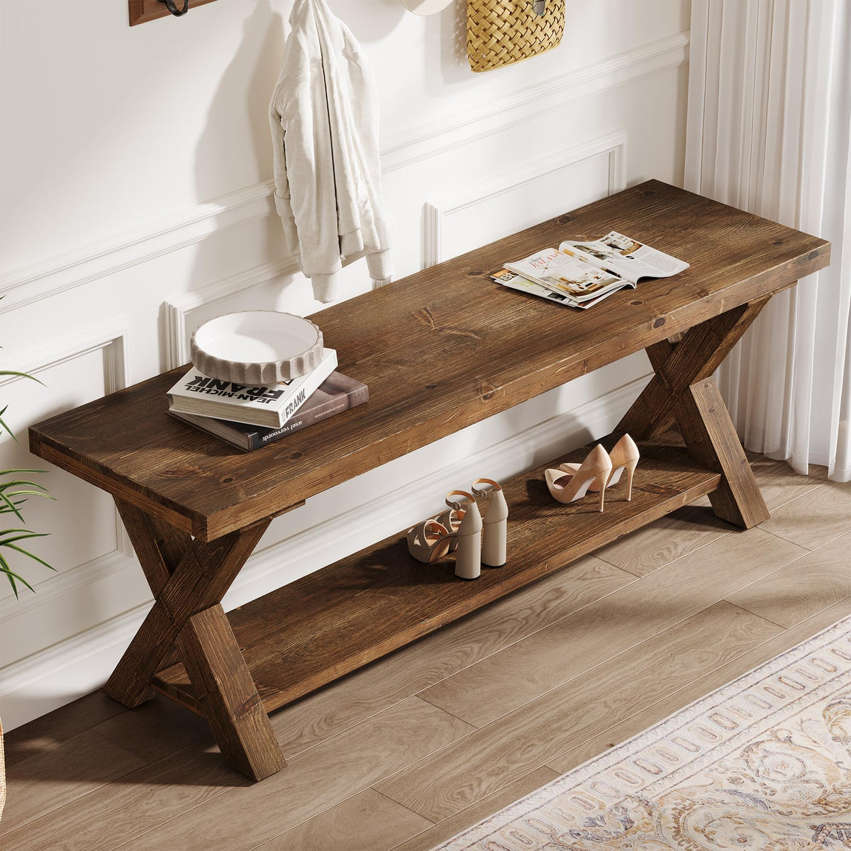 TRIBEWOOD 43.3" Solid Wood Bench, Farmhouse Wooden Entryway Bench with Storage Shelf, X-Shaped Leg Design, Entry Way Shoe Benches Seat for Hallway, Kitchen, Bedroom, Living Room