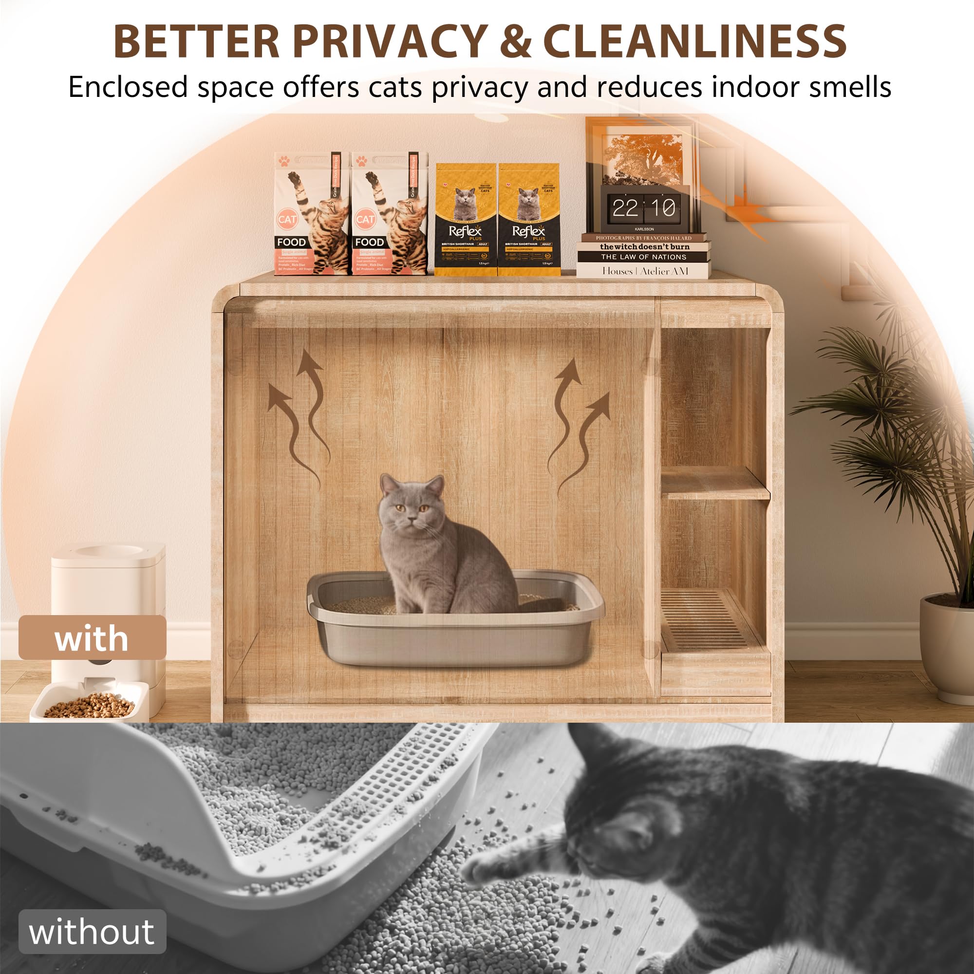 Homiflex Cat Litter Box Enclosure with Litter Collector, Large Litter Box Enclosure for Automatic Litter Box, Cat Furniture with Outlet, Adjustable Shelf for Dog Proof, Cat Washroom Cabinet, Natural