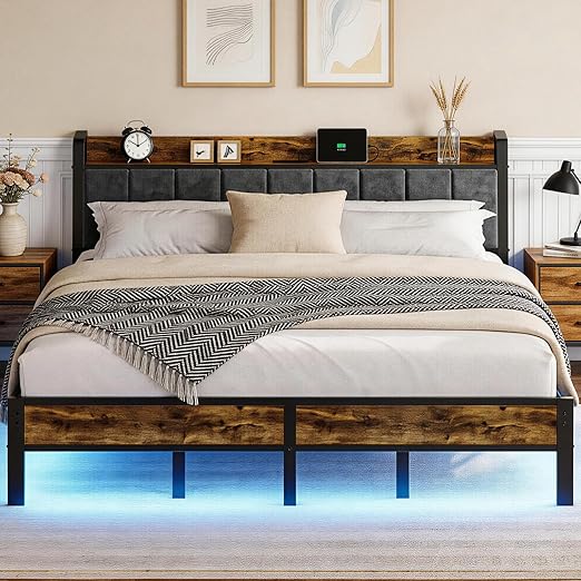 Metal Platform Bed Frame with Upholstered Headboard, Charging Station & LED Lights