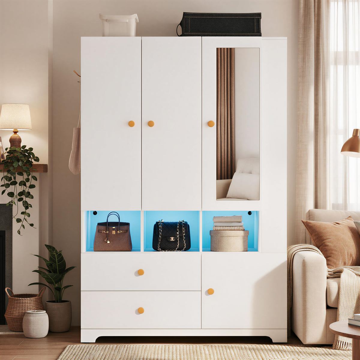 SDMY Armoire Wardrobe Closet with Mirror and LED Lights,71" Freestanding Armoire with 3 Doors,2 Drawers, Hanging Rod, Adjustable Shelves, Large Wooden Clothes Storage Cabinet for Bedroom, White
