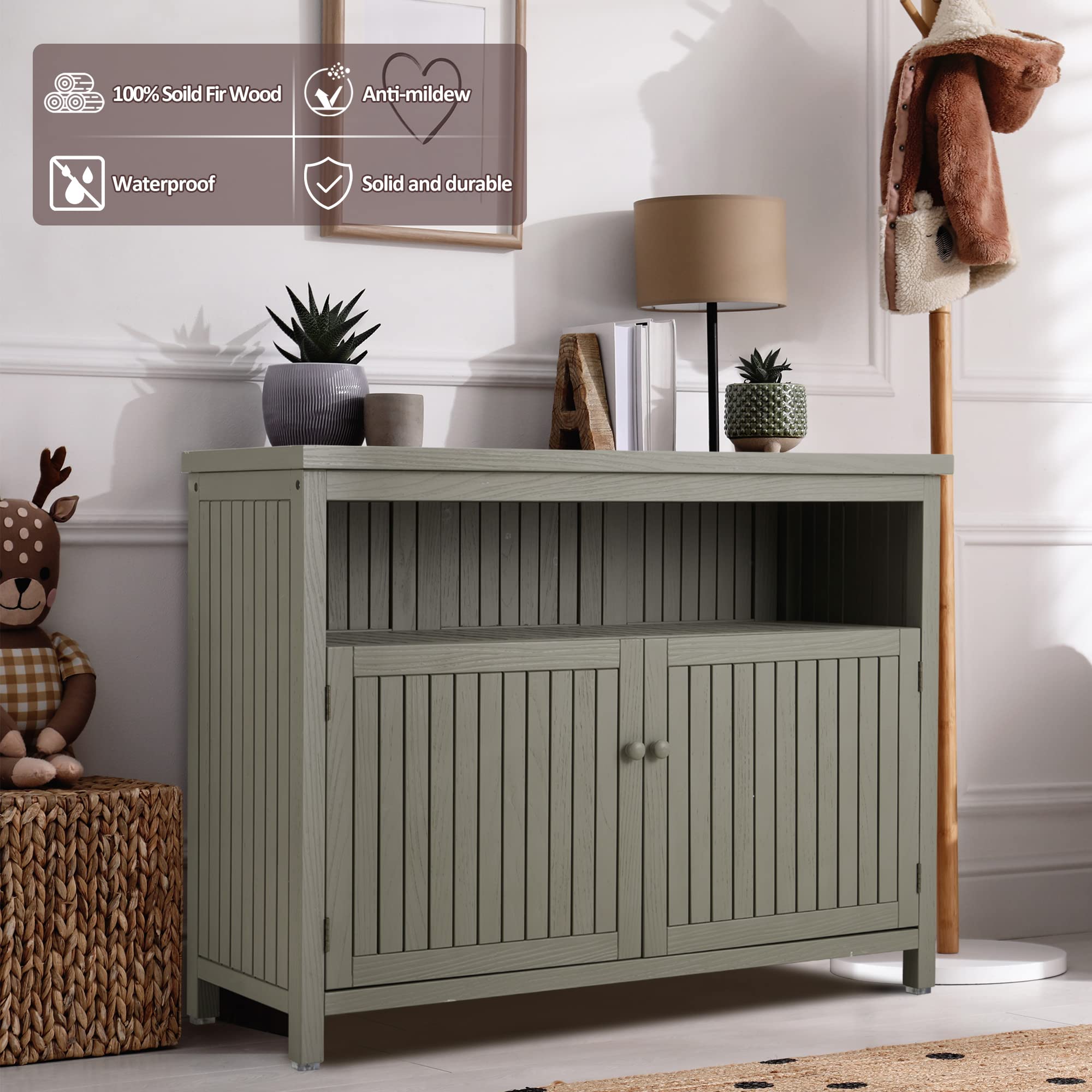 AHB Outdoor Console Sideboards Buffet Cabinet, Solid Wood Storage Cabinet TV Stand,Furniture for Patio Entryway Deck(Grey)