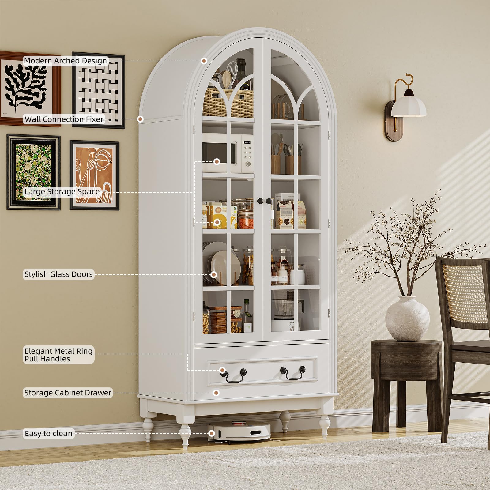 Arched Kitchen Pantry Cabinet with Glass Doors
