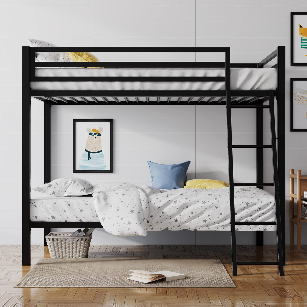 SHA CERLIN Bunk Bed Twin Over Twin Size with Ladder and Guardrail,Black