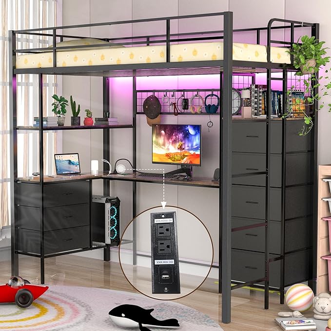 Twin Loft Bed with Desk & LED Lights