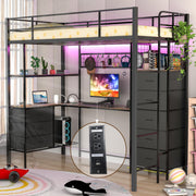 SAHISTCT Twin Size Loft Bed with Desk, LED Lights, Charging Station, Industrial Loft Bed Frame with 3 Storage Shelves and 8 Fabric Drawers, Safety Guard & Ladder,LED Metal Twin Size Bunk Bed