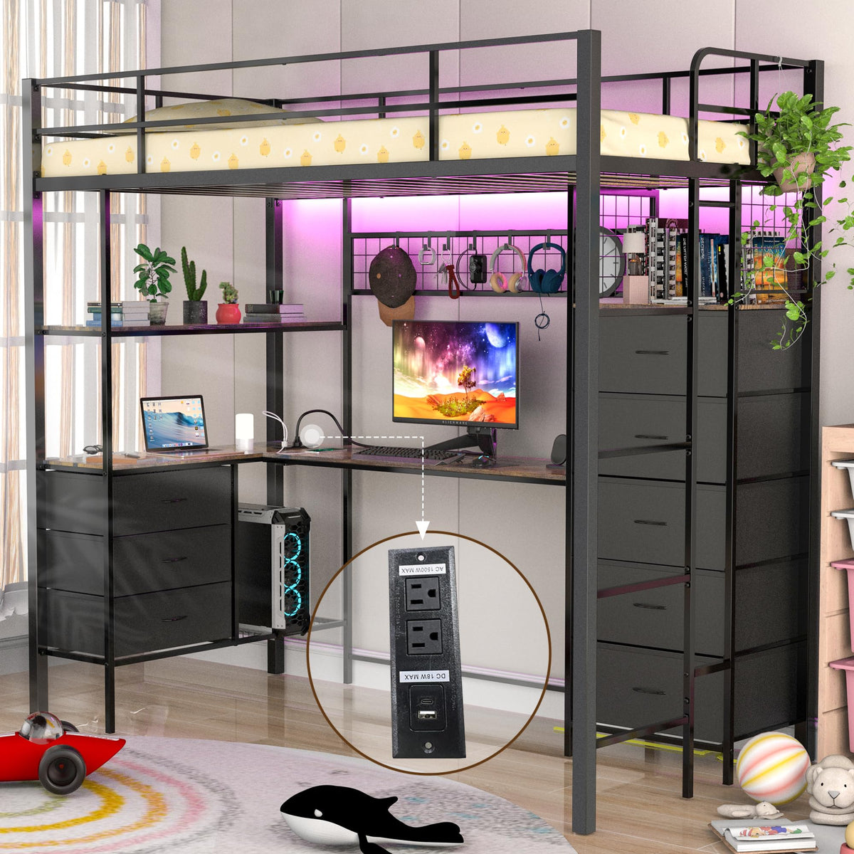 SAHISTCT Twin Size Loft Bed with Desk, LED Lights, Charging Station, Industrial Loft Bed Frame with 3 Storage Shelves and 8 Fabric Drawers, Safety Guard & Ladder,LED Metal Twin Size Bunk Bed