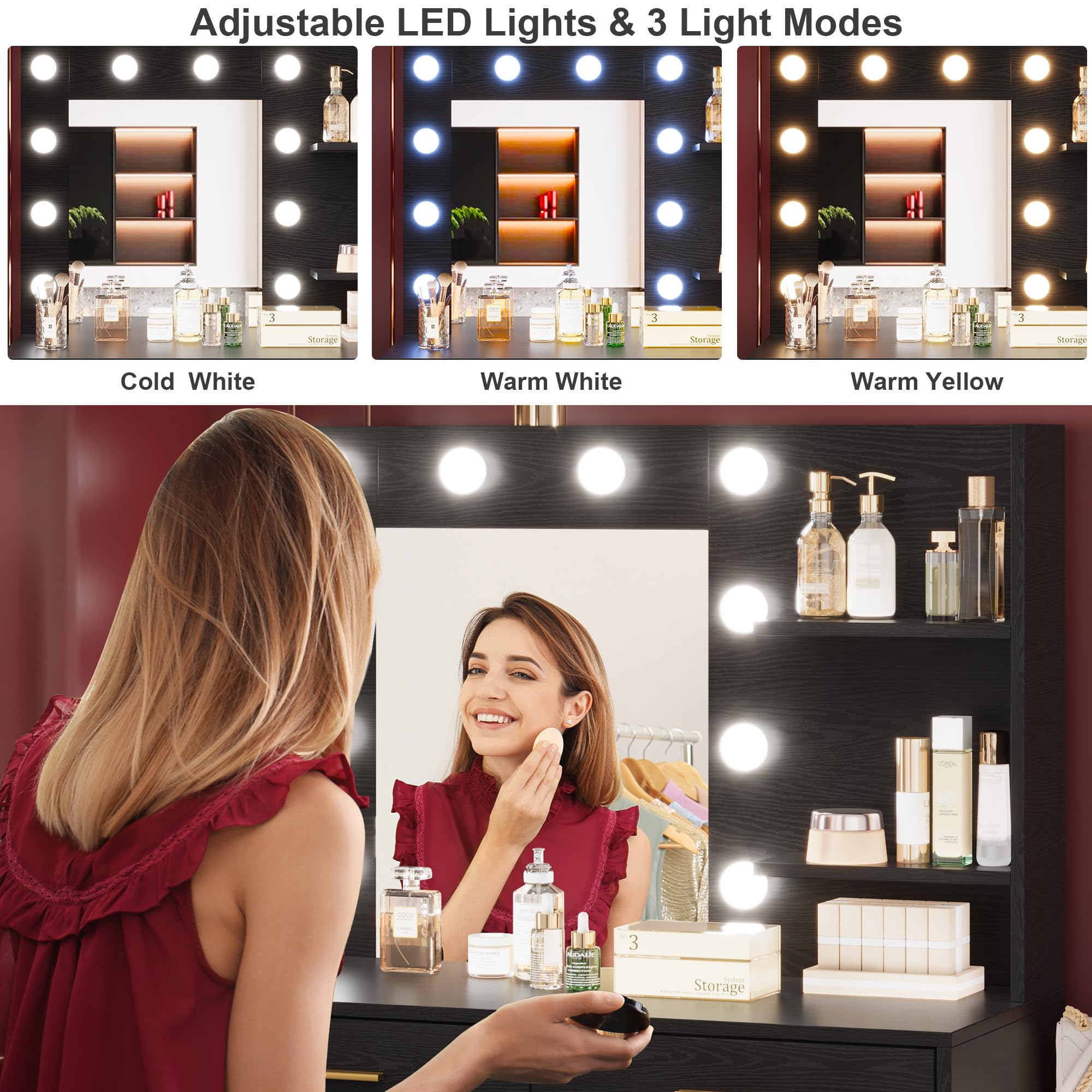 GarveeHome 61 in Make up Vanity Desk with Mirror and Lights, Black Vanity with 8 Wide Storage Drawers & 2 Tier Shelves, 3 Lighting Modes with Adjustable Brightness for Bedroom