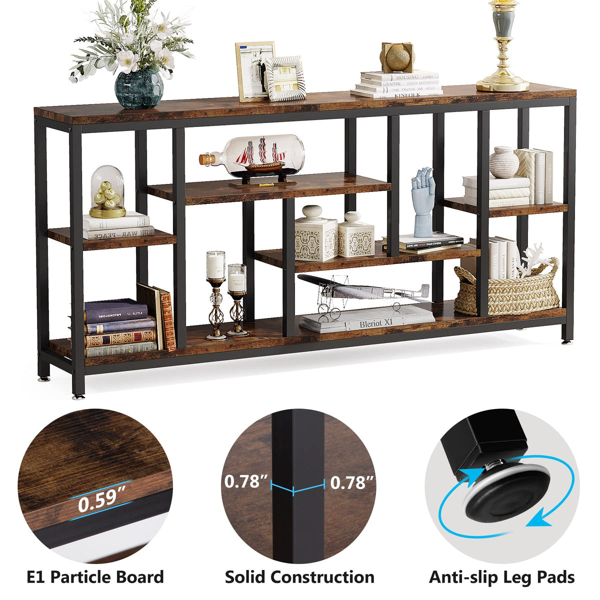 Tribesigns Console Sofa Table, 70.9 inch Extra Long Table Behind Couch with Storage Shelves, 3-Tier Industrial Narrow Entryway Hallway Accent Table for Living Room, Rustic Brown