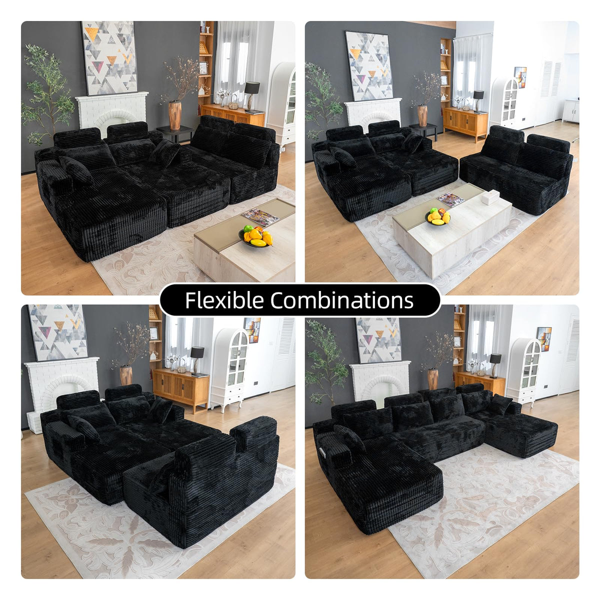 134" Boneless Couch for Living Room, Oversized U Shaped Modular Cloud Sofa with Deep Seat, 6 Seater Convertible Memory Foam Couches, No Assembly Plush Corduroy Sofa (Black)
