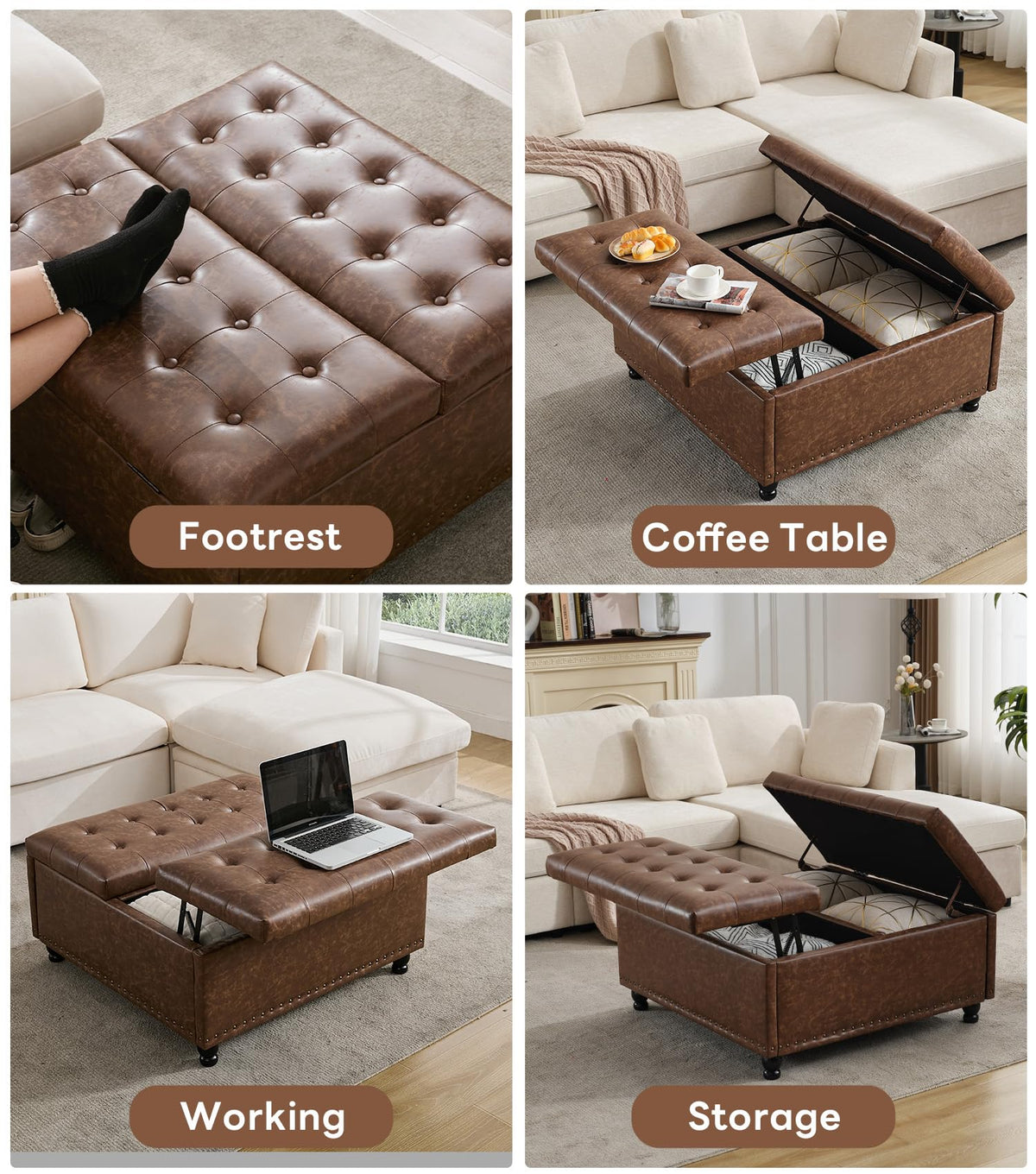 Tbfit 35.5" Large Square Lift Top Storage Ottoman Coffee Table, Brown