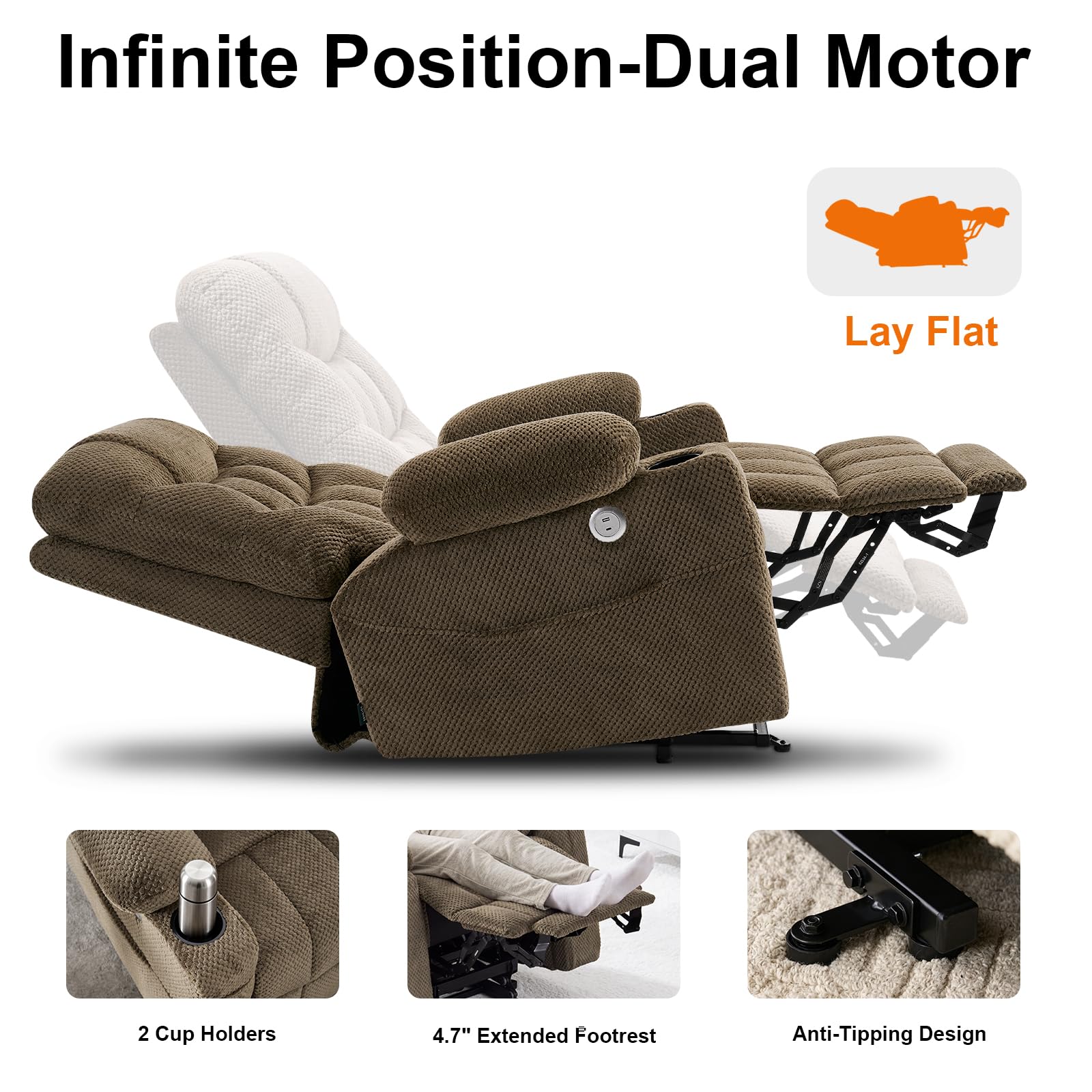 Syrhrei Dual Motor Extra Wide Power Lift Chair for Elderly, Infinite Position, 170° Lay Flat, Heavy Duty Lift Recliner Chair for Big and Tall with Extended Footrest(Plush Flannel,Brown)