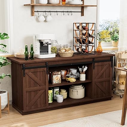 Shahoo Farmhouse Sideboard Buffet Cabinet, Coffee Bar Storage with Sliding Barn Doors, Shelf for Home Dining Room, White