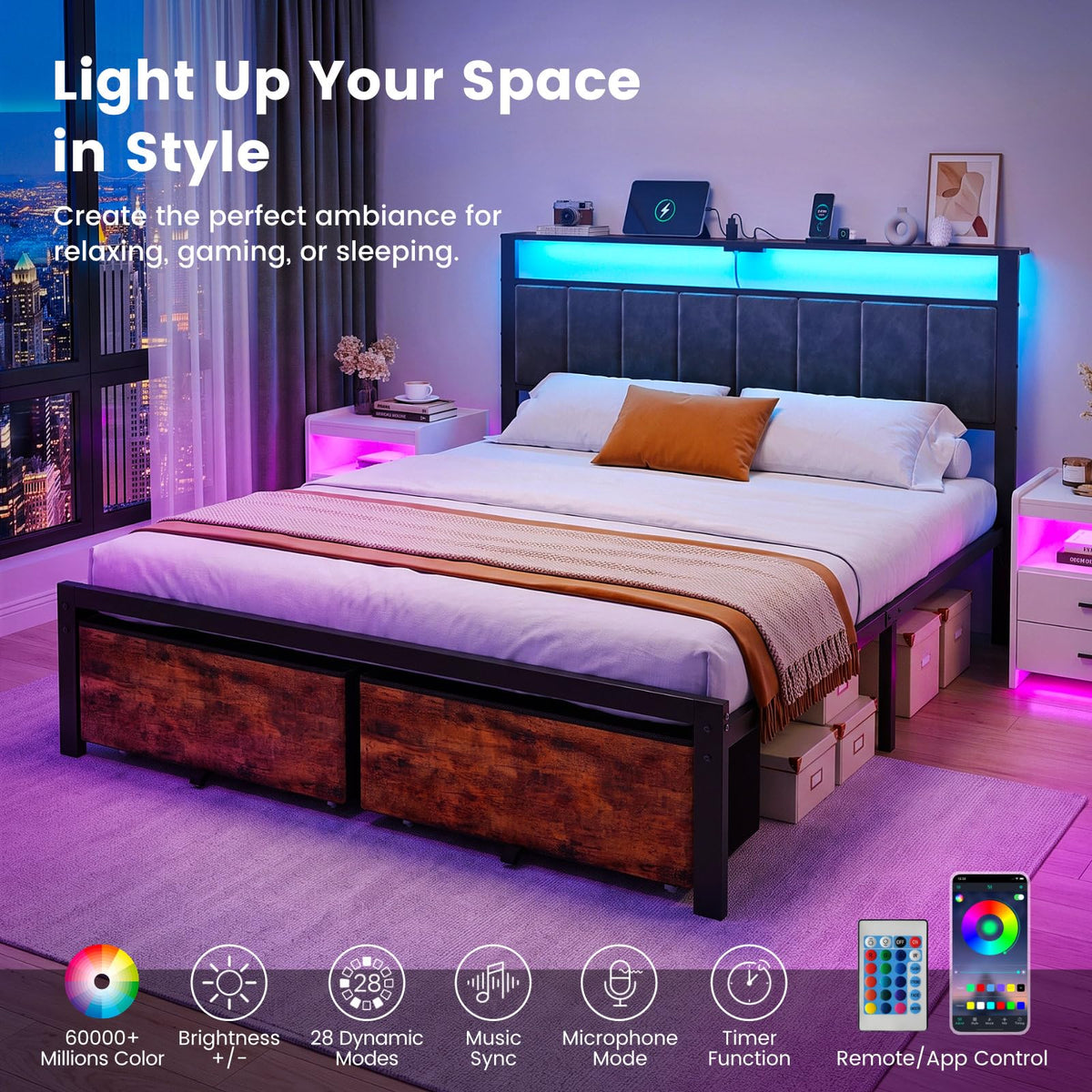 Queen Storage Bed with LED Headboard
