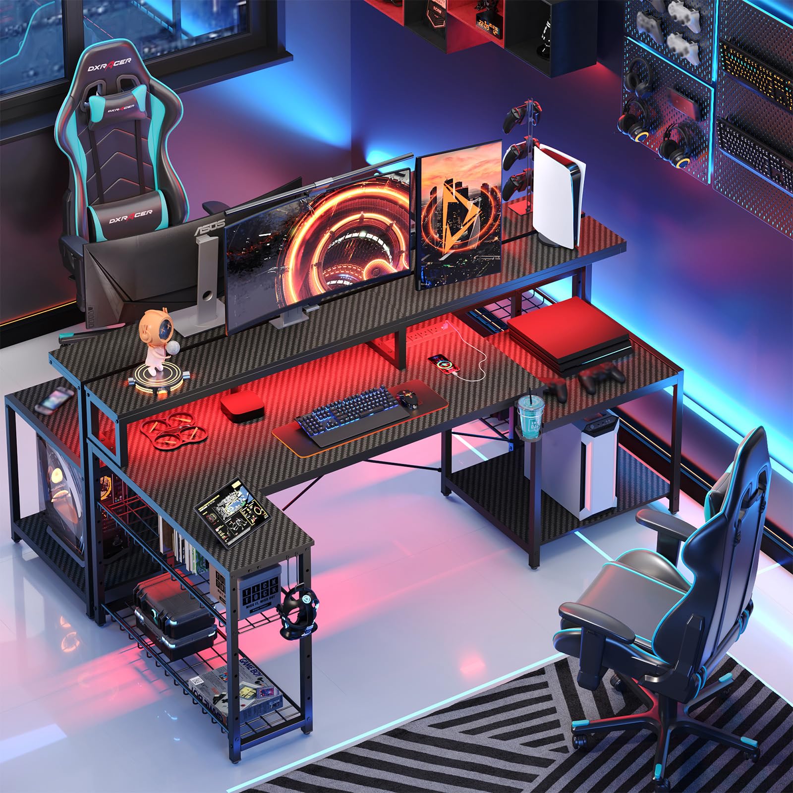 L-Shaped Gaming Desk with LED & Power Outlets, 71.5"