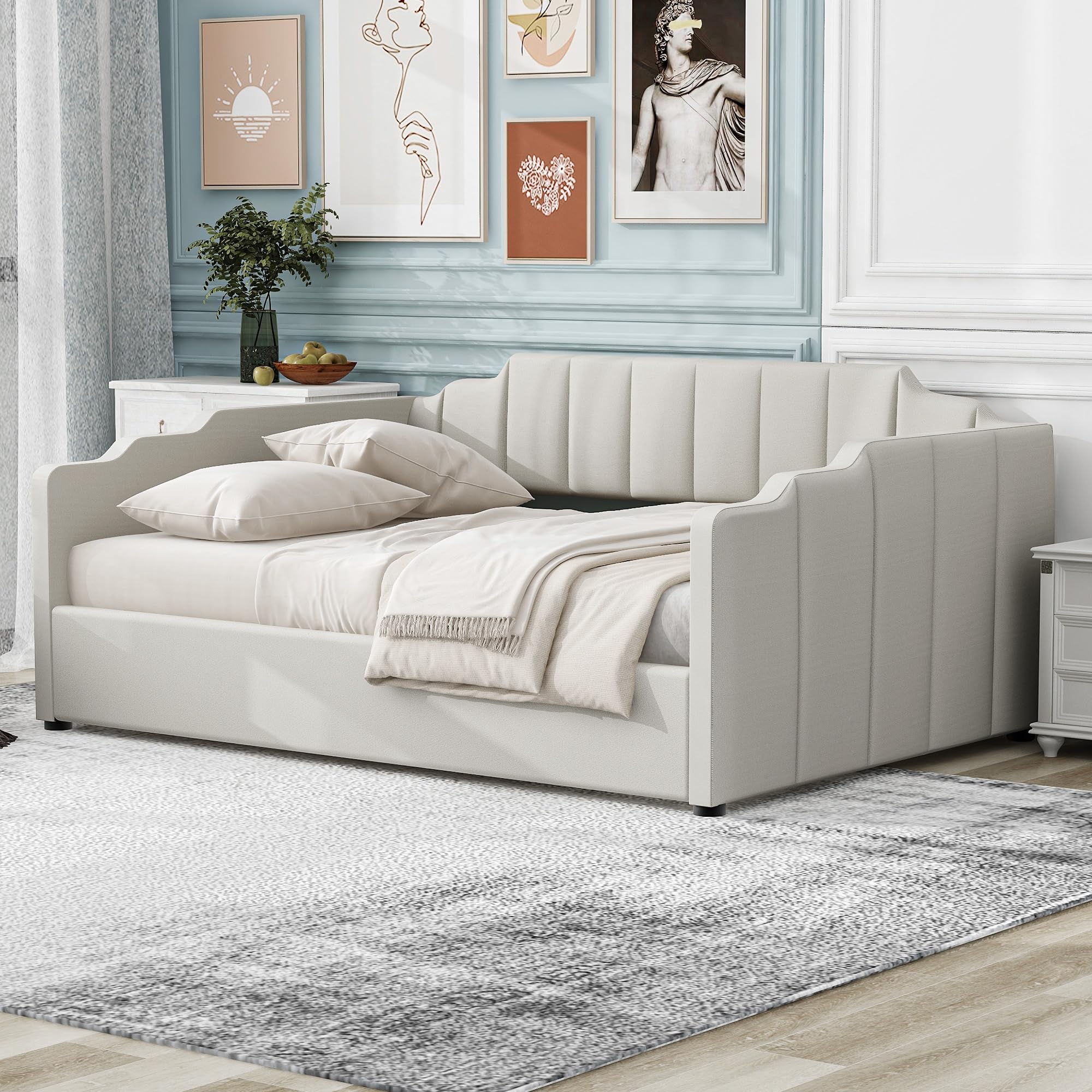 Merax Daybed, Full Size Tufted Upholstered Linen Fabric Sofa Bed with Underneath Storage for Bedroom, Wood Slat Support, No Box Spring Needed, Easy Assembly, White