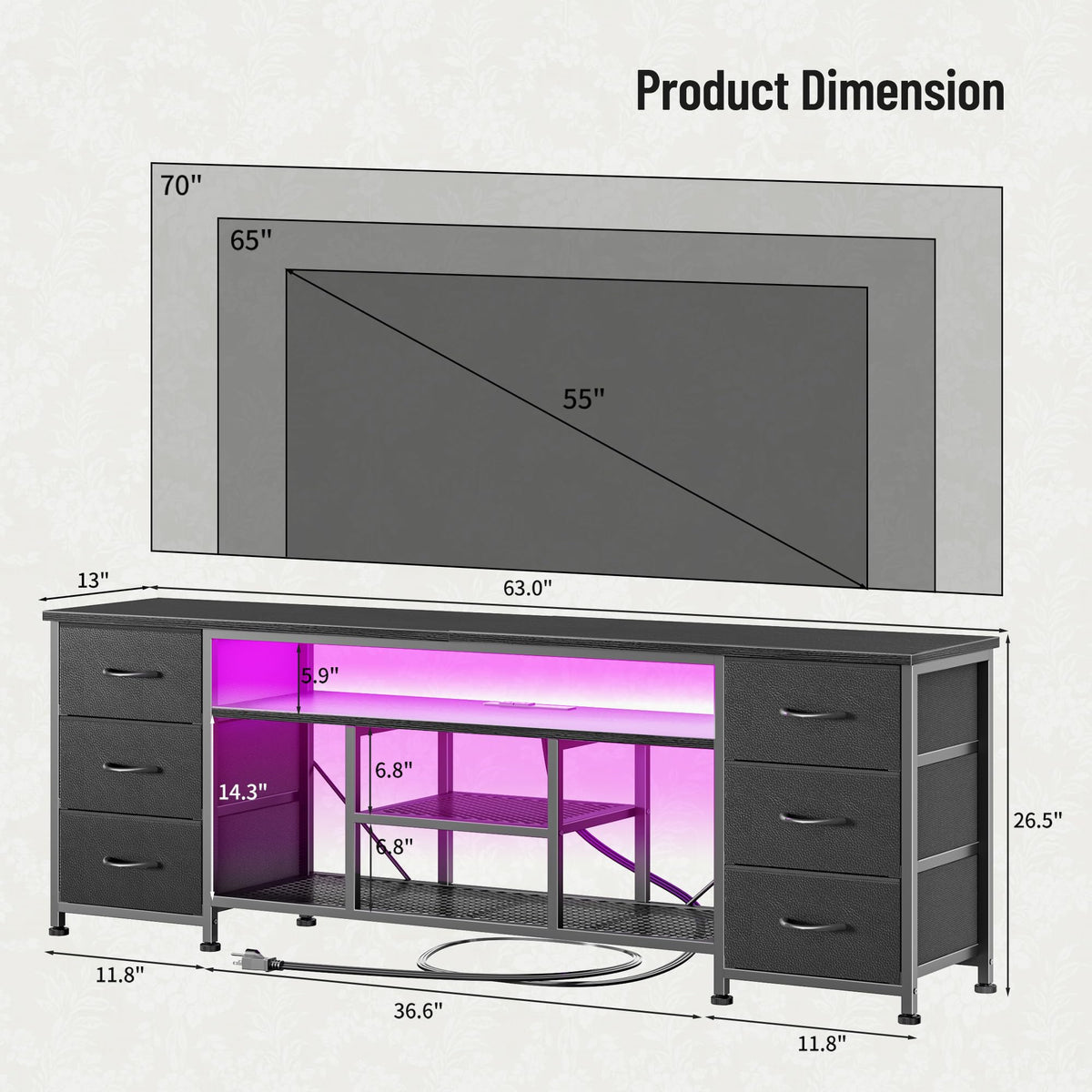 Furologee 63 Inch LED TV Stand, Entertainment Center, Black