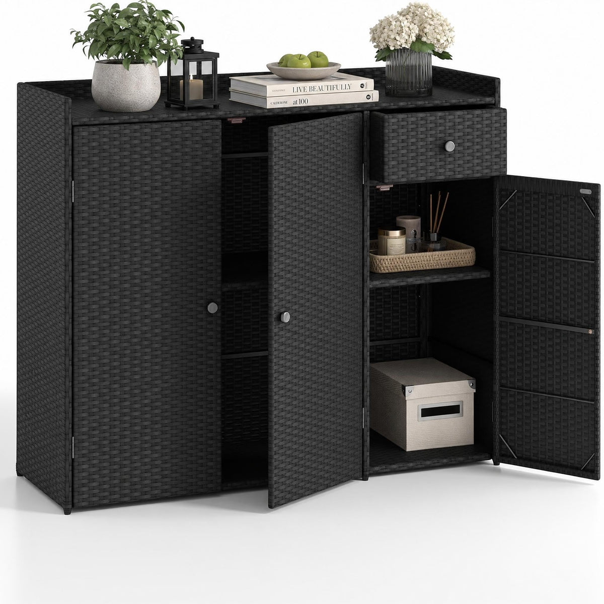 LDAILY Outdoor Rattan Storage Cabinet with Adjustable Shelves, 48-Inch