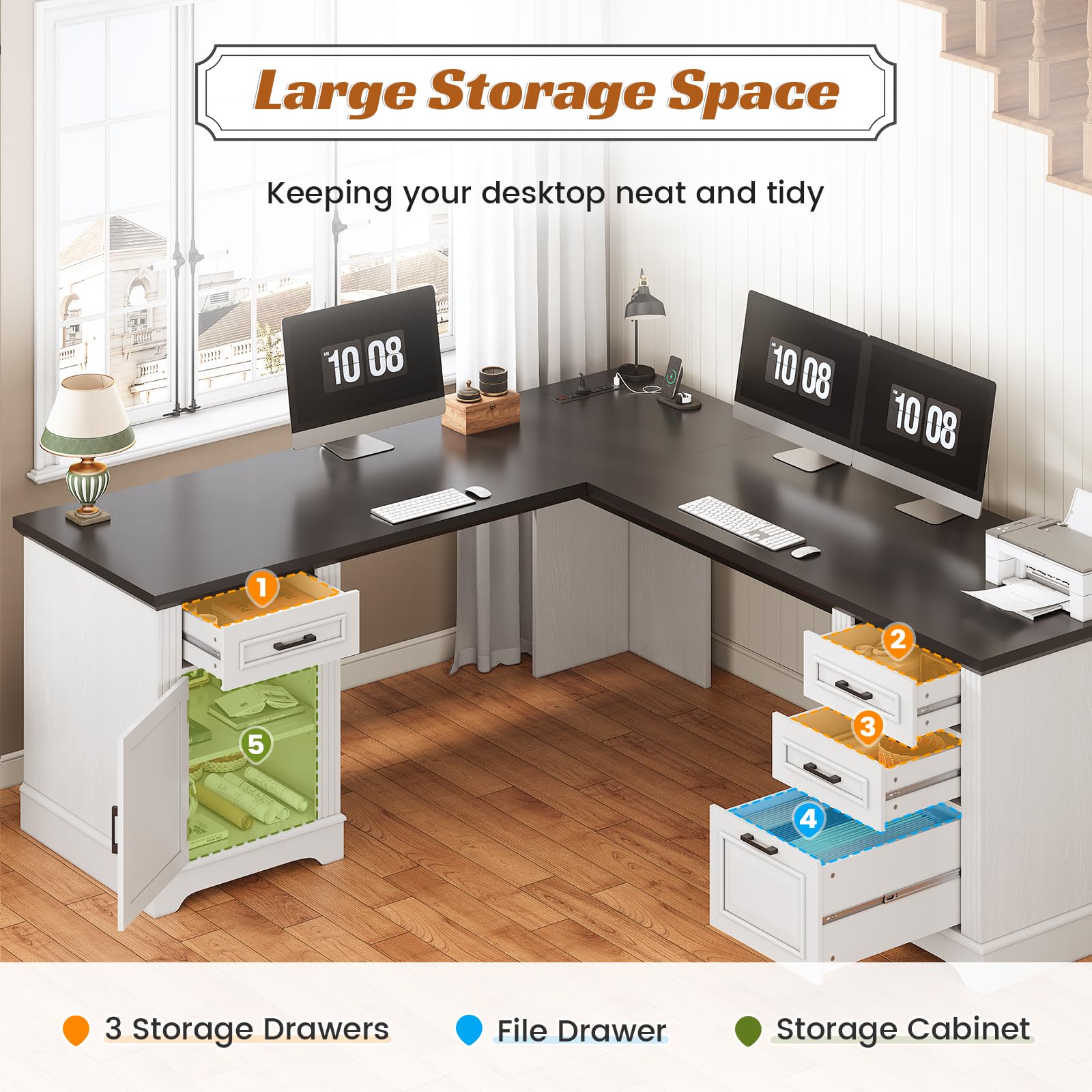 L-Shaped Executive Desk with Drawers & Power Outlet