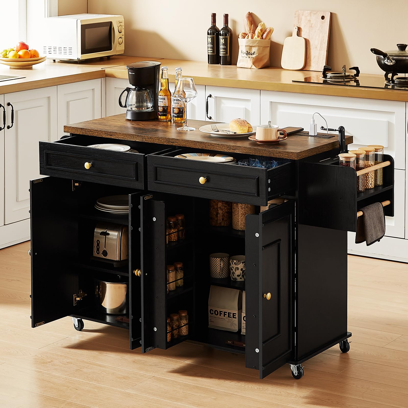 ONBRILL 58" Mobile Kitchen Island, Kitchen Island Cart with Power Outlet, Island Table for Kitchen, Home Bar Carts with Storage, Kitchen Rolling Island with Spice Rack & Towel Rack & Knife Holder