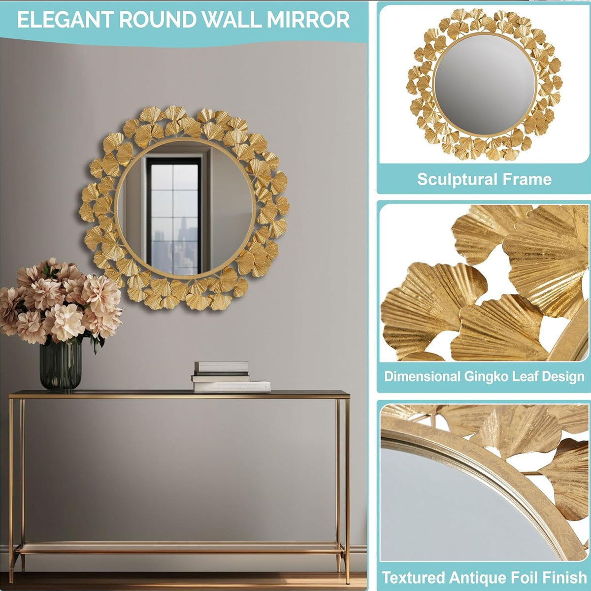 Gold Ginkgo Leaf Round Wall Mirror