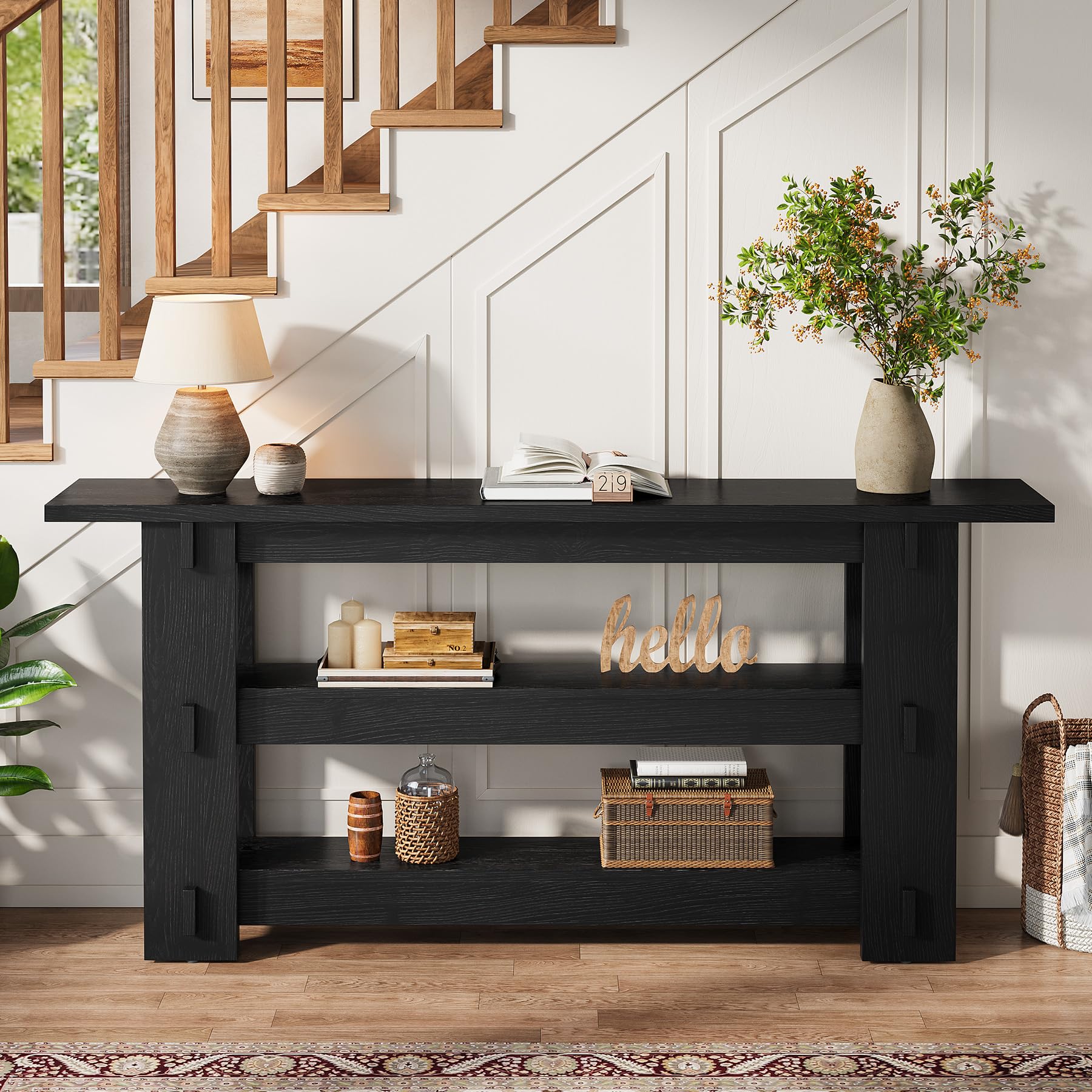 TRIBEWOOD 63-Inch Solid Wood Console Table, Farmhouse Sofa Table Behind Couch with Storage Shelves, Entryway Furniture for Living Room, Hallway, Foyer, Black