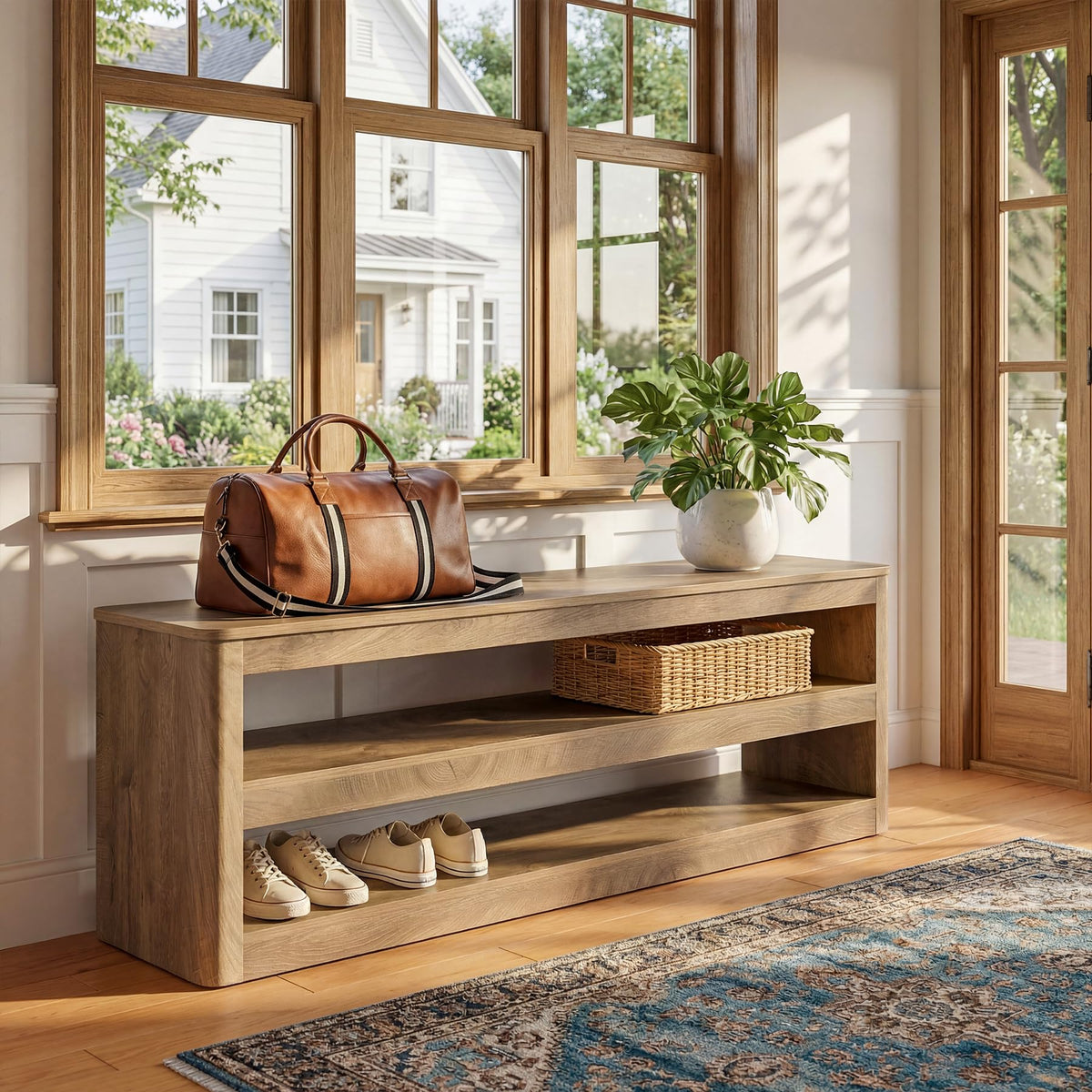 Tribesigns 55" Farmhouse Entryway Bench, 3-Tier Open Storage Shoe Bench with Rounded Corners, Wood Look Indoor End of Bed Seat for Entrance, Hallway, Foyer, Bedroom (Walnut Brown)
