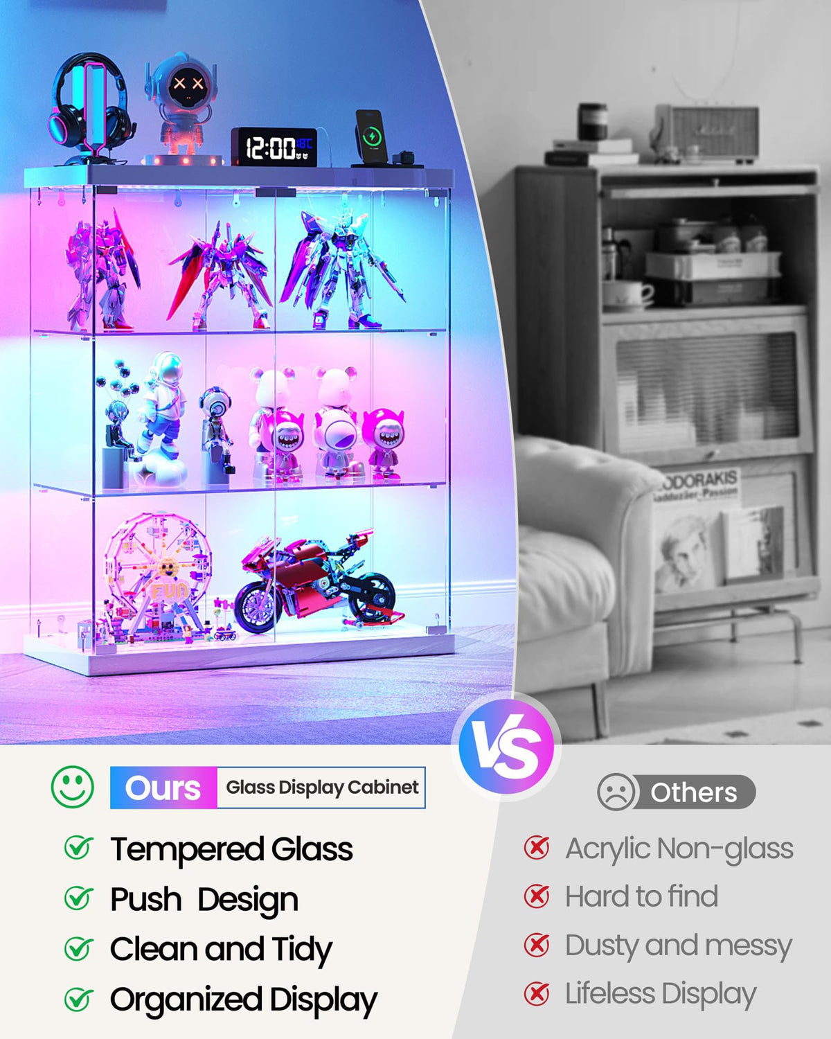 TAGELIER Glass Display Cabinet with Charging Station, RGB LED Lights, White