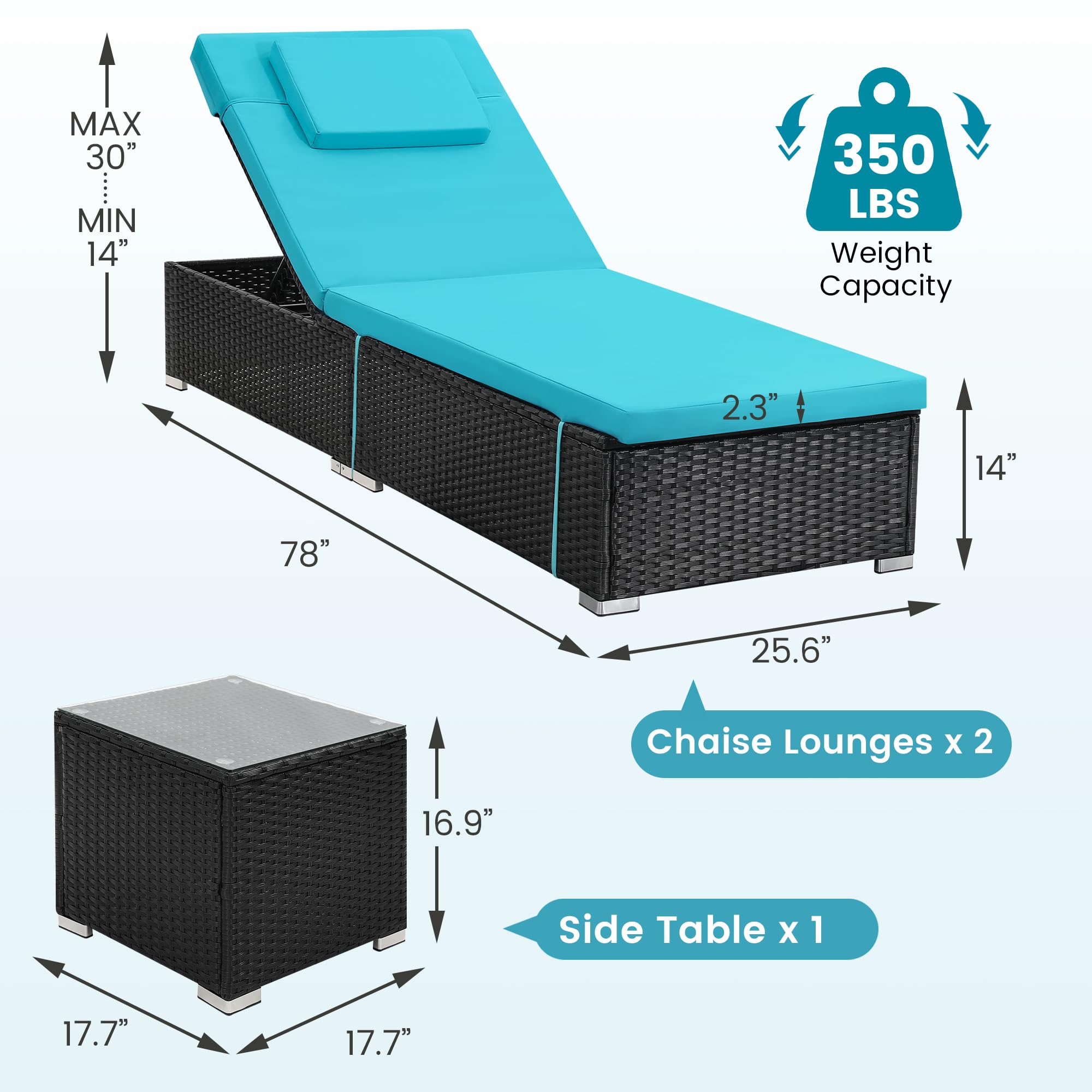 Outdoor Wicker Chaise Lounge Set with Side Table (3-Piece)