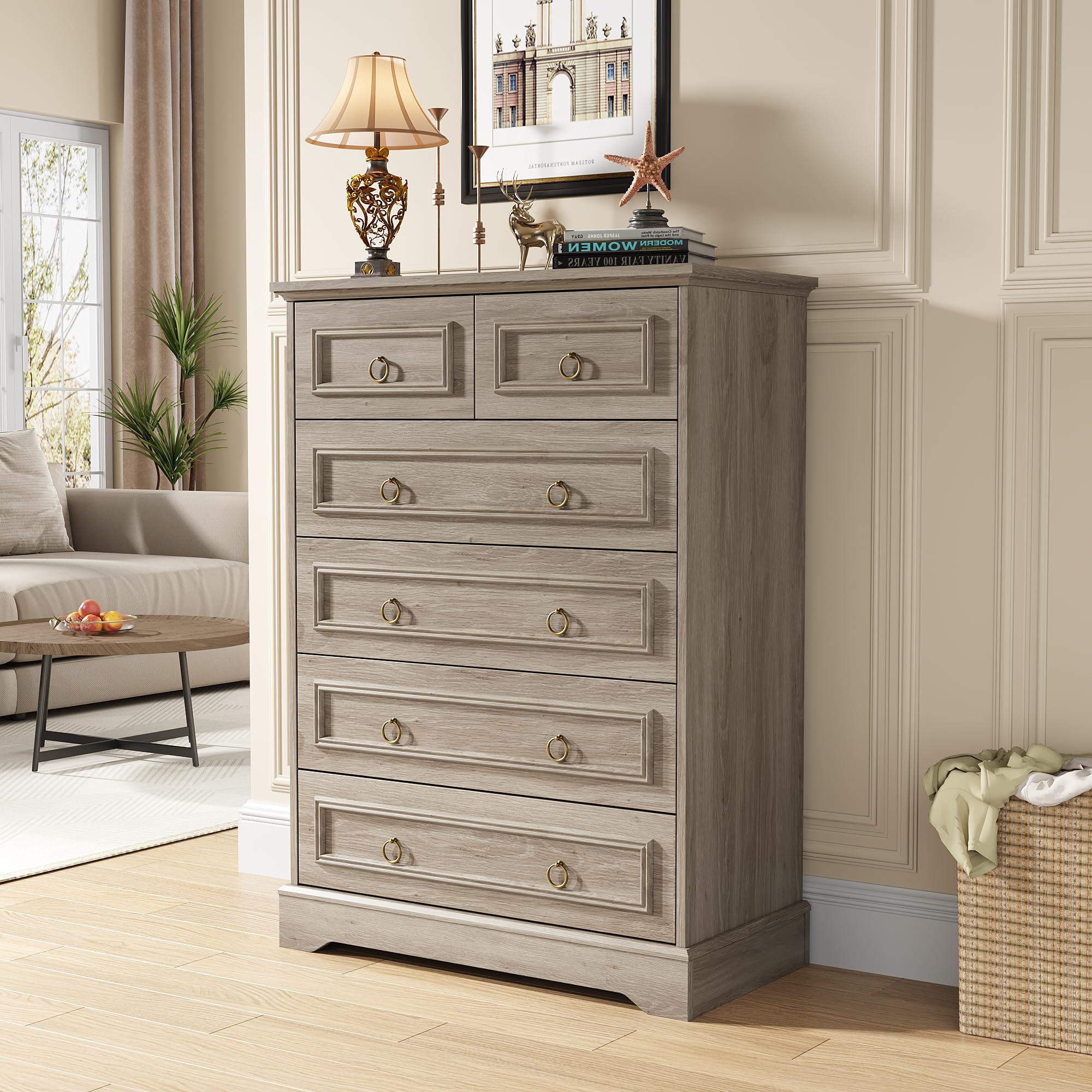 Maupvit 6 Drawers Dresser, Vintage Design Wood Rustic Chest of Drawers with Natural Texture, Sturdy & Durable Farmhouse Dresser, Ideal Storage Dressers for Living Room