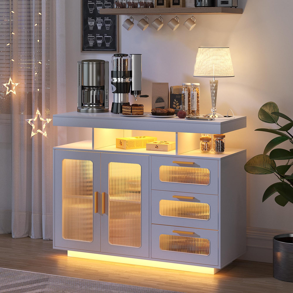 HWB Coffee Bar Cabinet with RGB Light & Charging Station, White