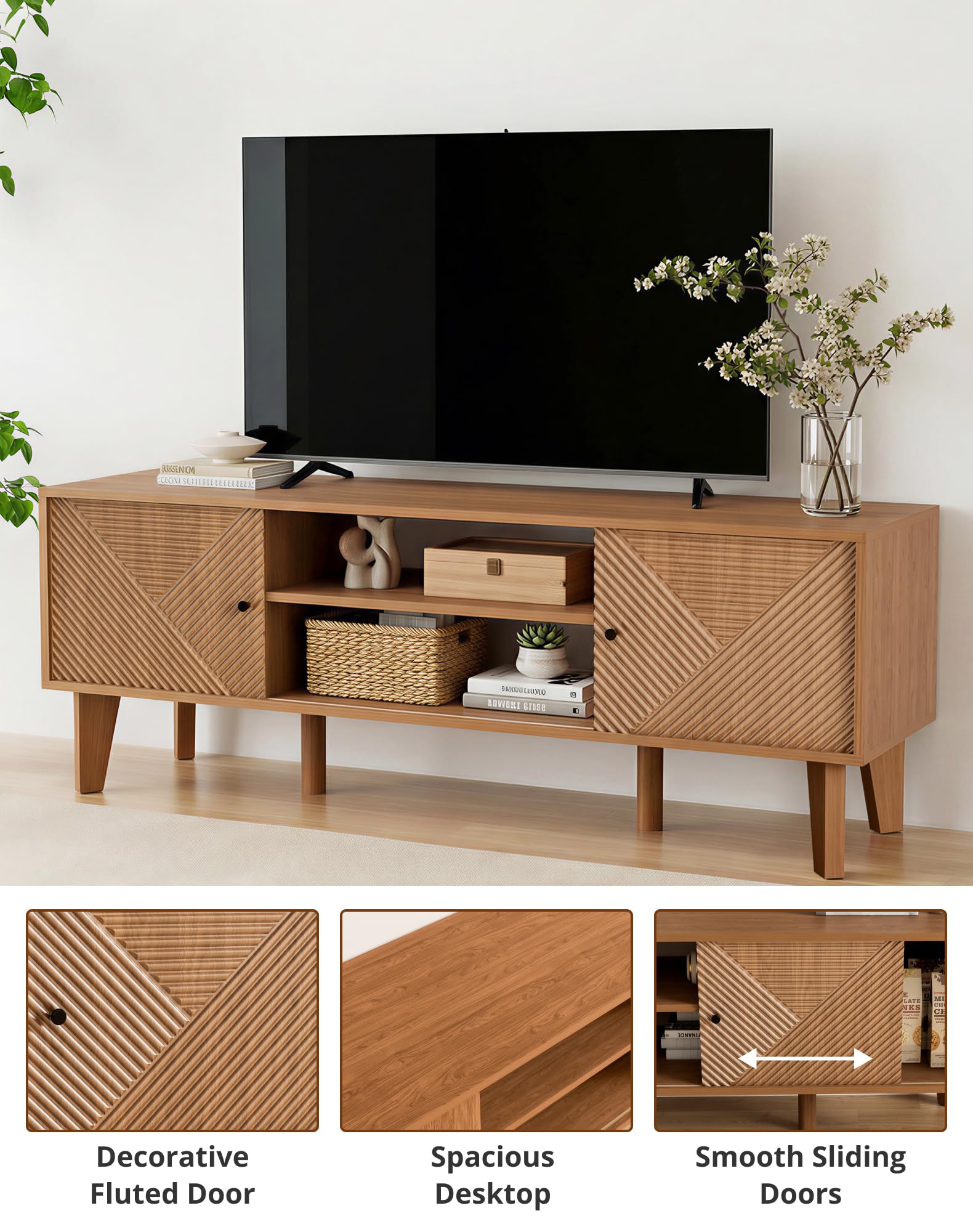 Mid-Century Modern TV Stand with Fluted Door Cabinets