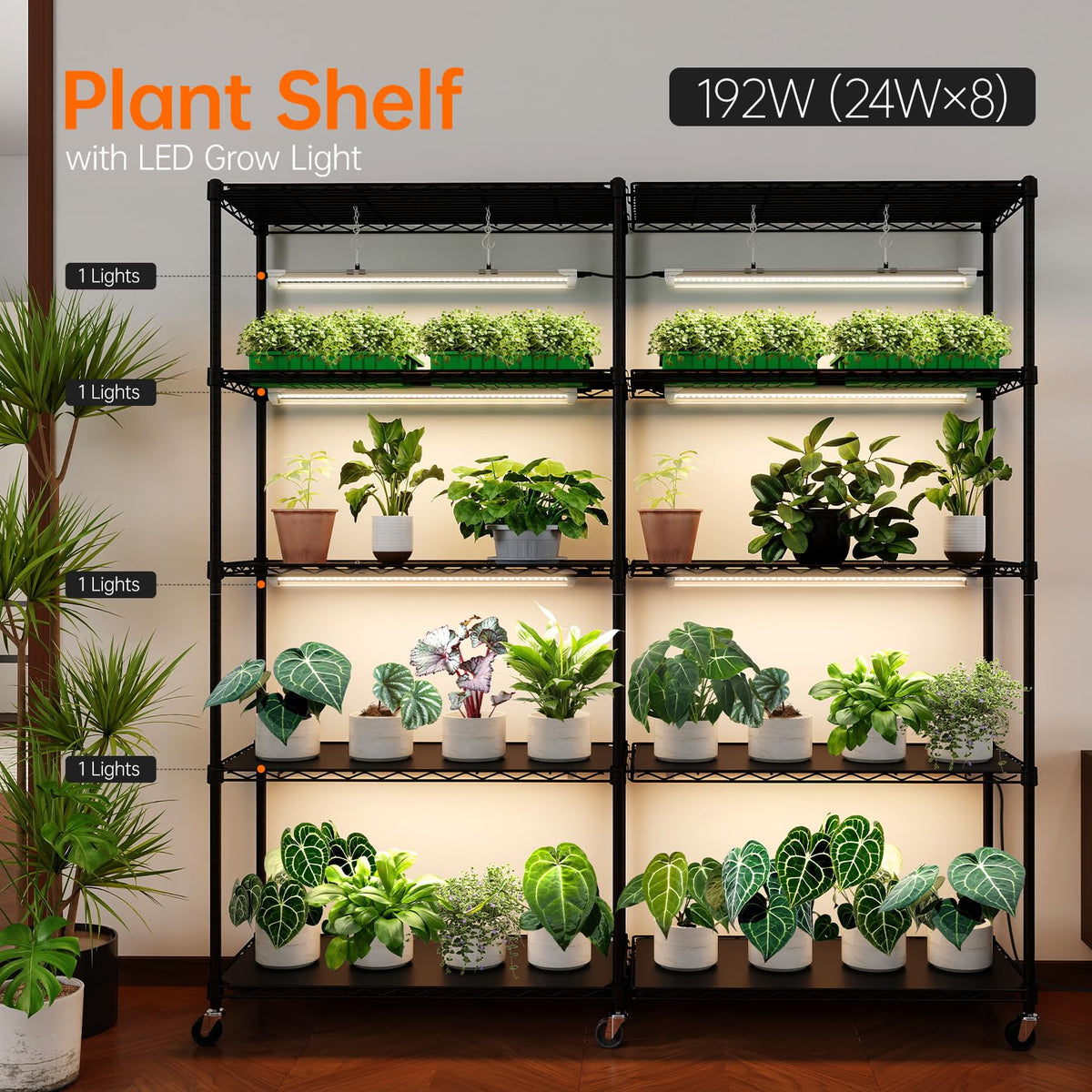 Bstrip 5-Tier Large Plant Shelf with Grow Light, 58x13.8x59in