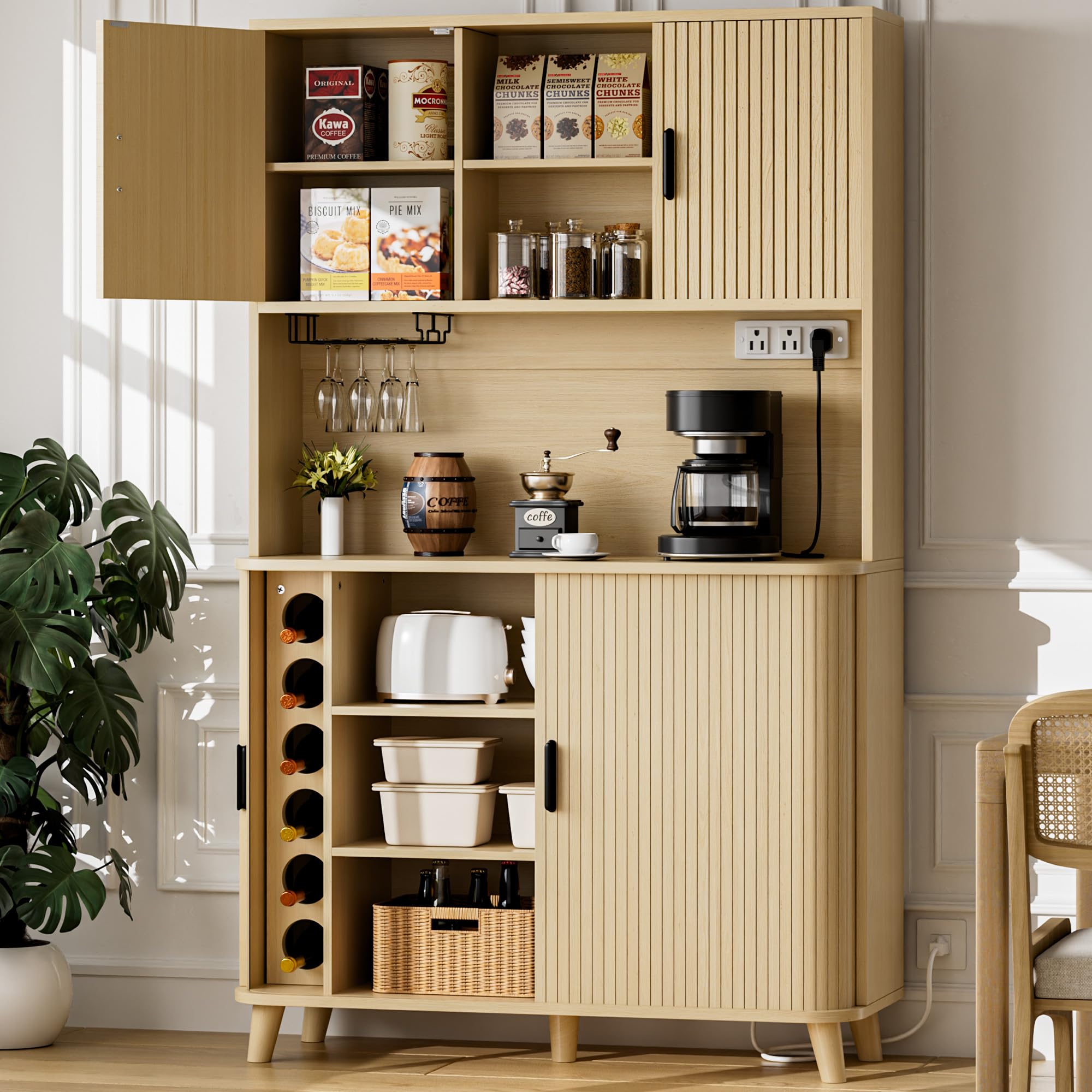 Lulive 71" Tall Pantry Cabinet with Rolling & Sliding Doors, 39" Wide Kitchen Storage Cabinet with Charging Station and Open Countertop, Modern Kitchen Pantry Cabinet for Dining Room, Natrual